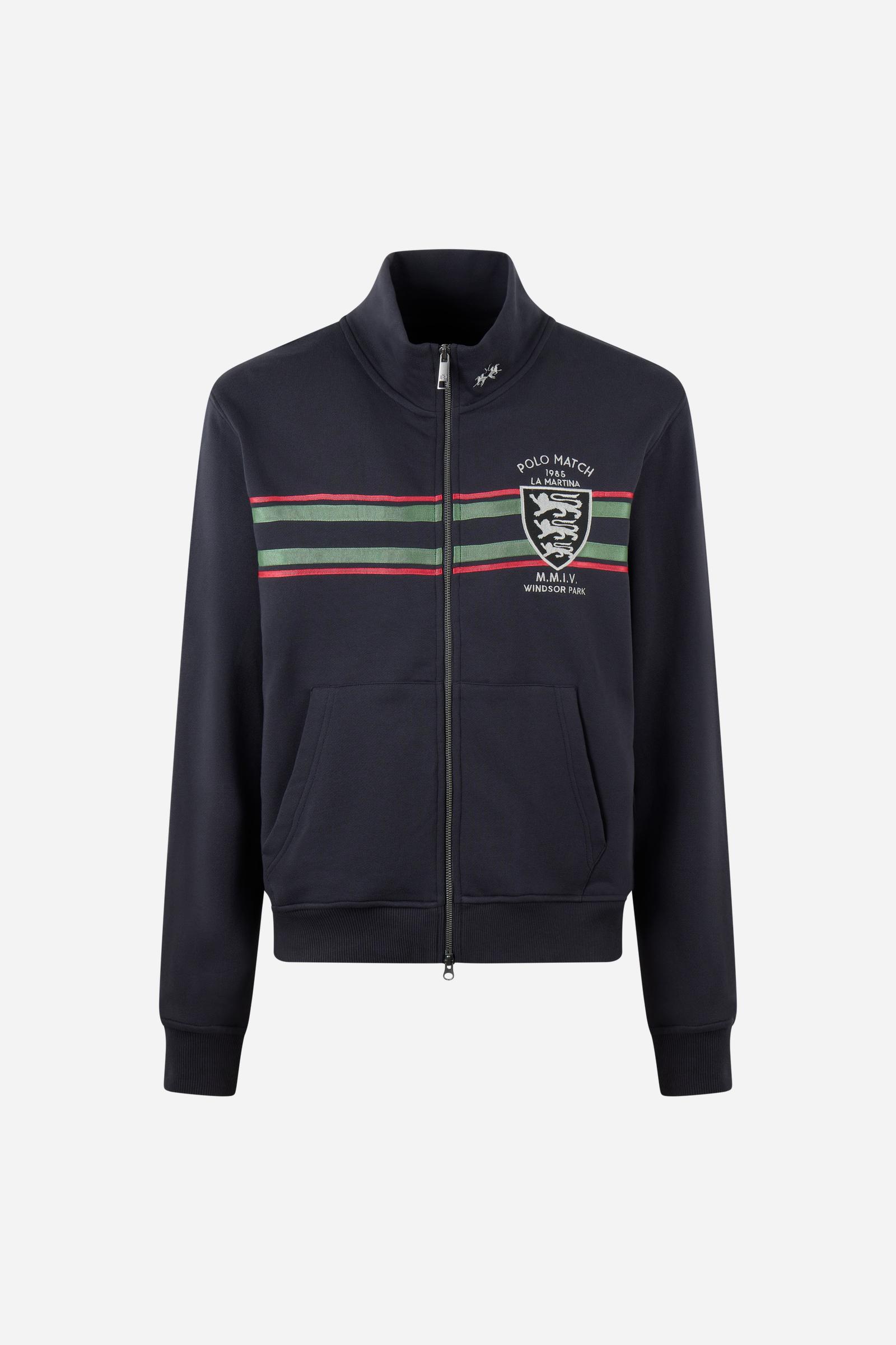 Men's long-sleeve sweatshirt in soft cotton with high double-layer collar, front zipper, ribbed cuffs, kangaroo pockets, and striking red, black, white stripes. - Navy Blazer