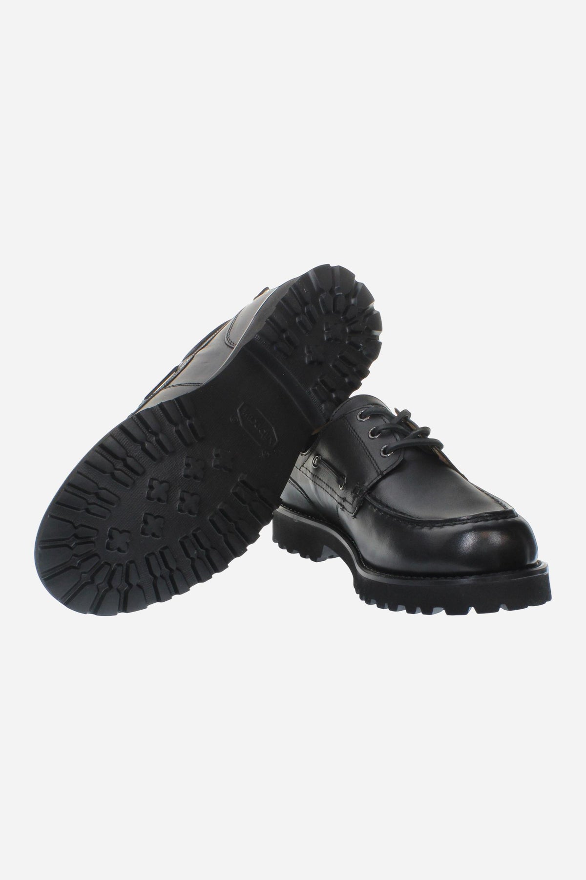 Men's leather boat shoe with handcrafted moccasin stitching, padded nappa collar, leather laces, and Vibram® sole for lightweight comfort, cushioning, and grip. - Black