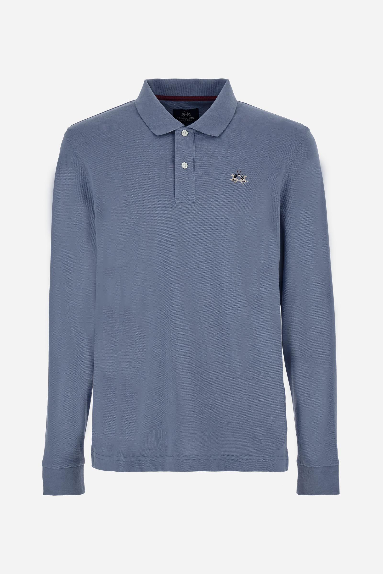 Men’s long-sleeve polo in high-quality stretch cotton piqué for comfort and flexibility. Tone-on-tone ribbed collar with contrast gabardine undercollar embroidered with the brand’s iconic lettering, revealed when the collar is lifted. Contrast embroidered logo on the chest. Slim fit, offering a modern silhouette that enhances the body while ensuring freedom of movement. Model wears size L. - Flint Stone