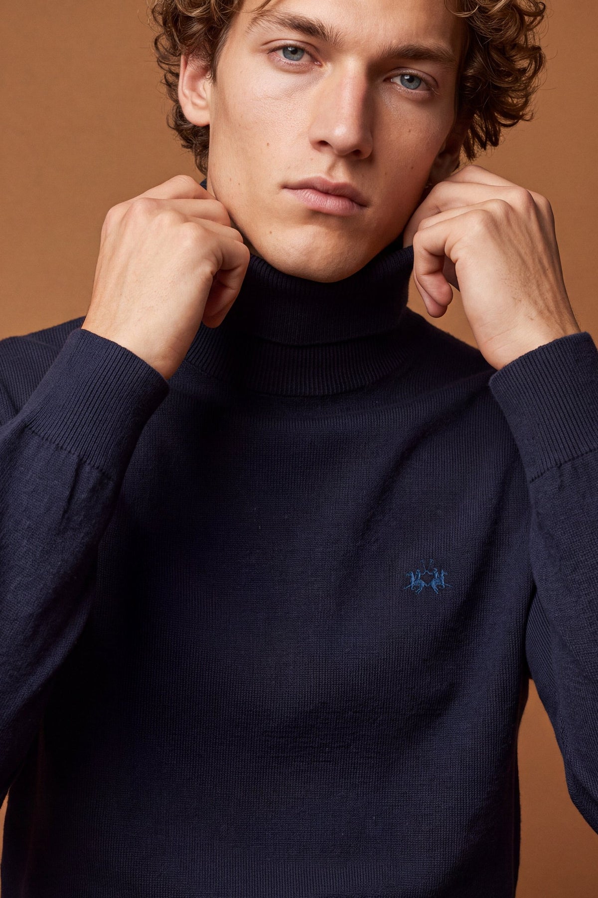 Men's long-sleeve sweater with a high-neck, soft wool-cotton blend, ribbed collar and cuffs, and subtle tone-on-tone embroidered logo for a comfortable, classic fit. - Navy
