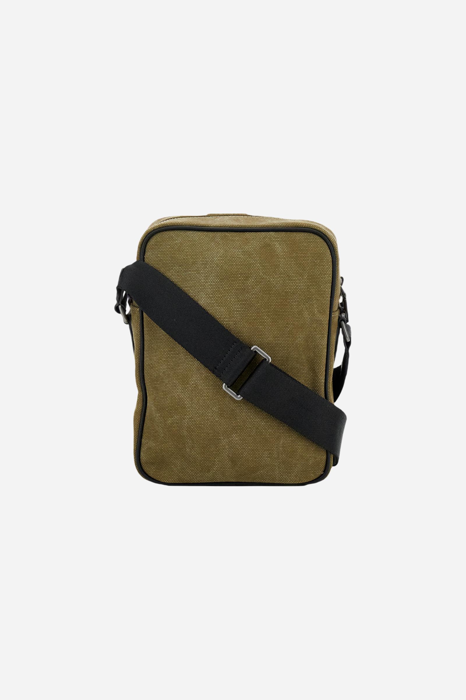 Men’s crossbody pouch in washed canvas with leather details, compact and functional with front pocket and metal logo buckle. - Green / Black                                                                                                                                                                                                                                                                                                                                                                                    