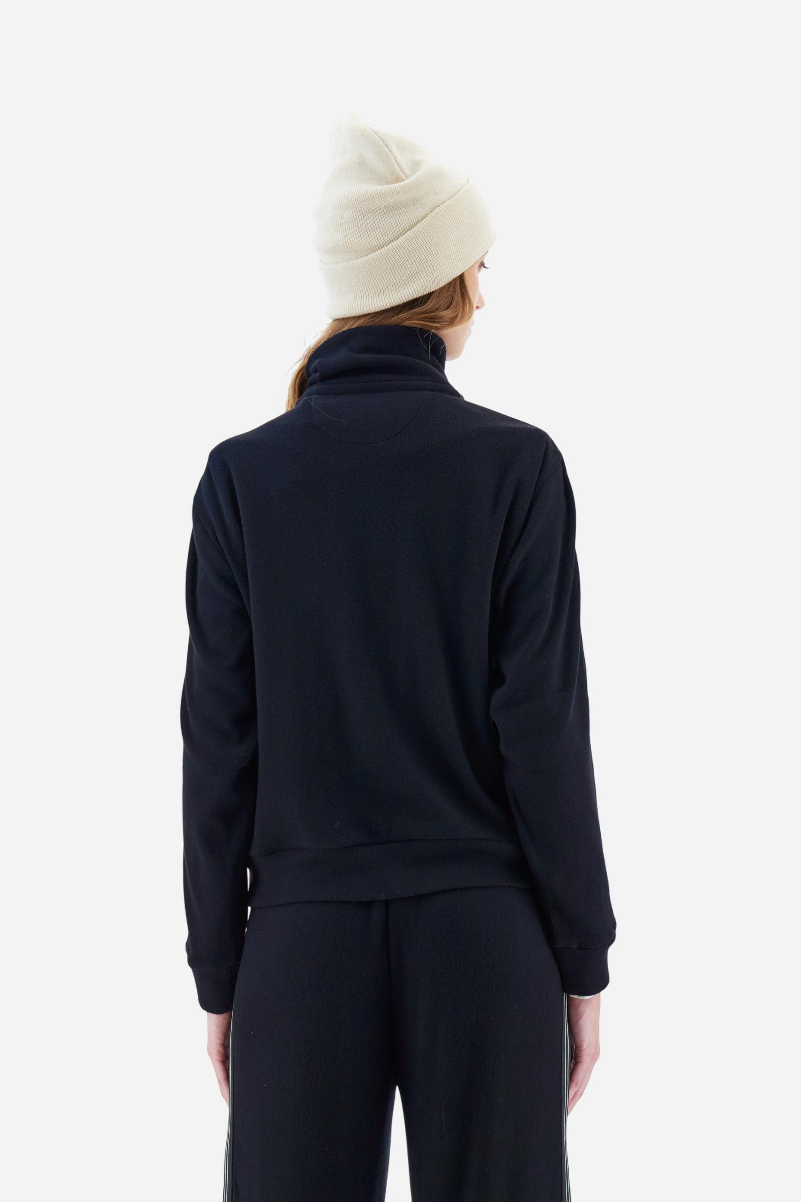 Women’s full-zip sweatshirt with long sleeves in soft interlock viscose blend, offering a luxurious feel on the skin. Straight cut with fluid line and sport-luxury details. Striped bands on the sleeves and heraldic embroidery on the chest add a contemporary touch. The model wears size 2. - Black