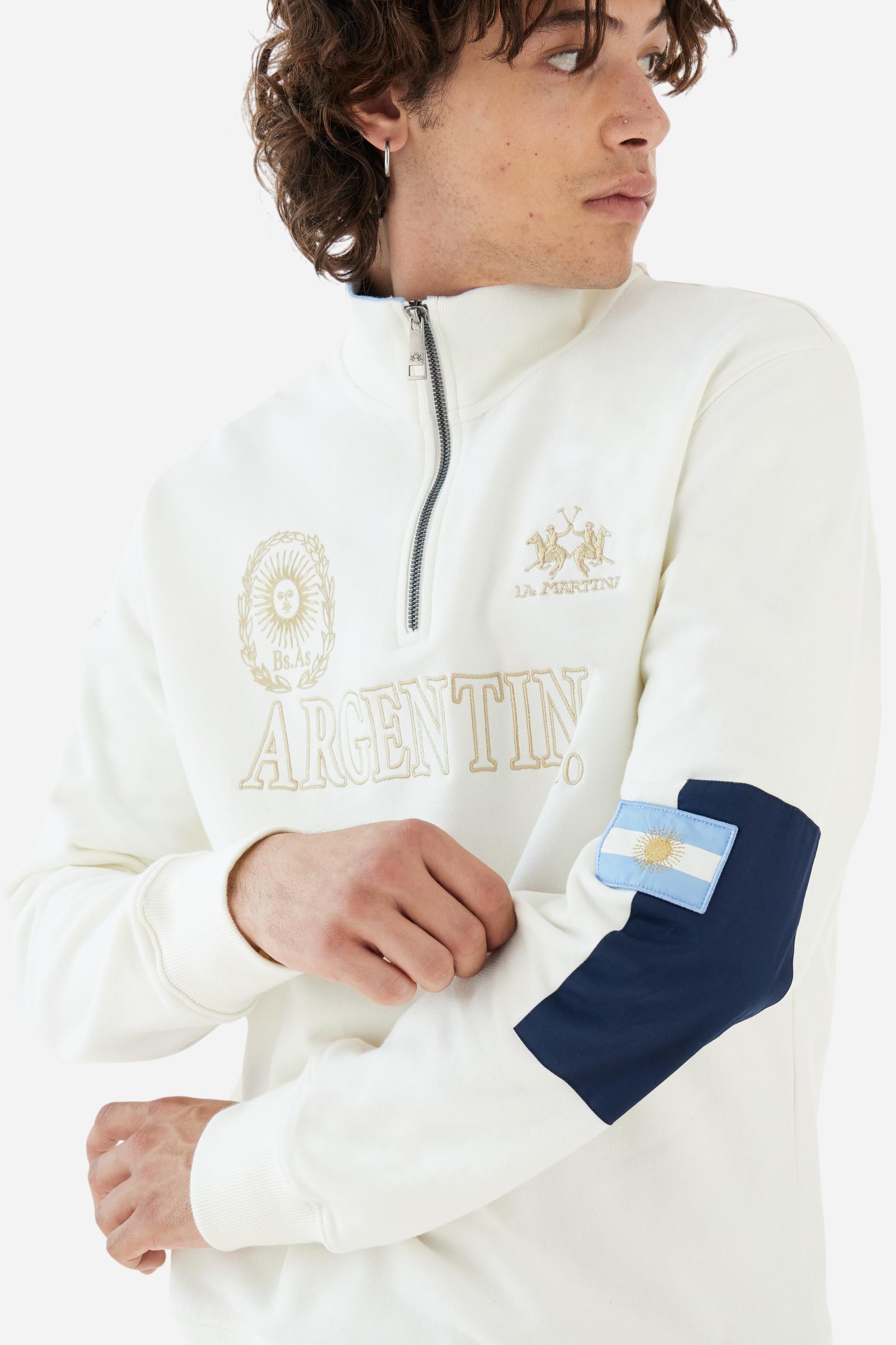 Men's long-sleeved solid colour sweatshirt in cotton. Made of pure cotton fabric with a soft, velvety touch. Practical half-zip opening and ribbed cuffs and collar details. Vivid multi-coloured with Argentina-inspired graphics on the chest and sleeves. The logo is embroidered on the left side of chest for a subtle touch of branding. The fit is regular to suit everyday wear. The model is wearing a size L. - Off White