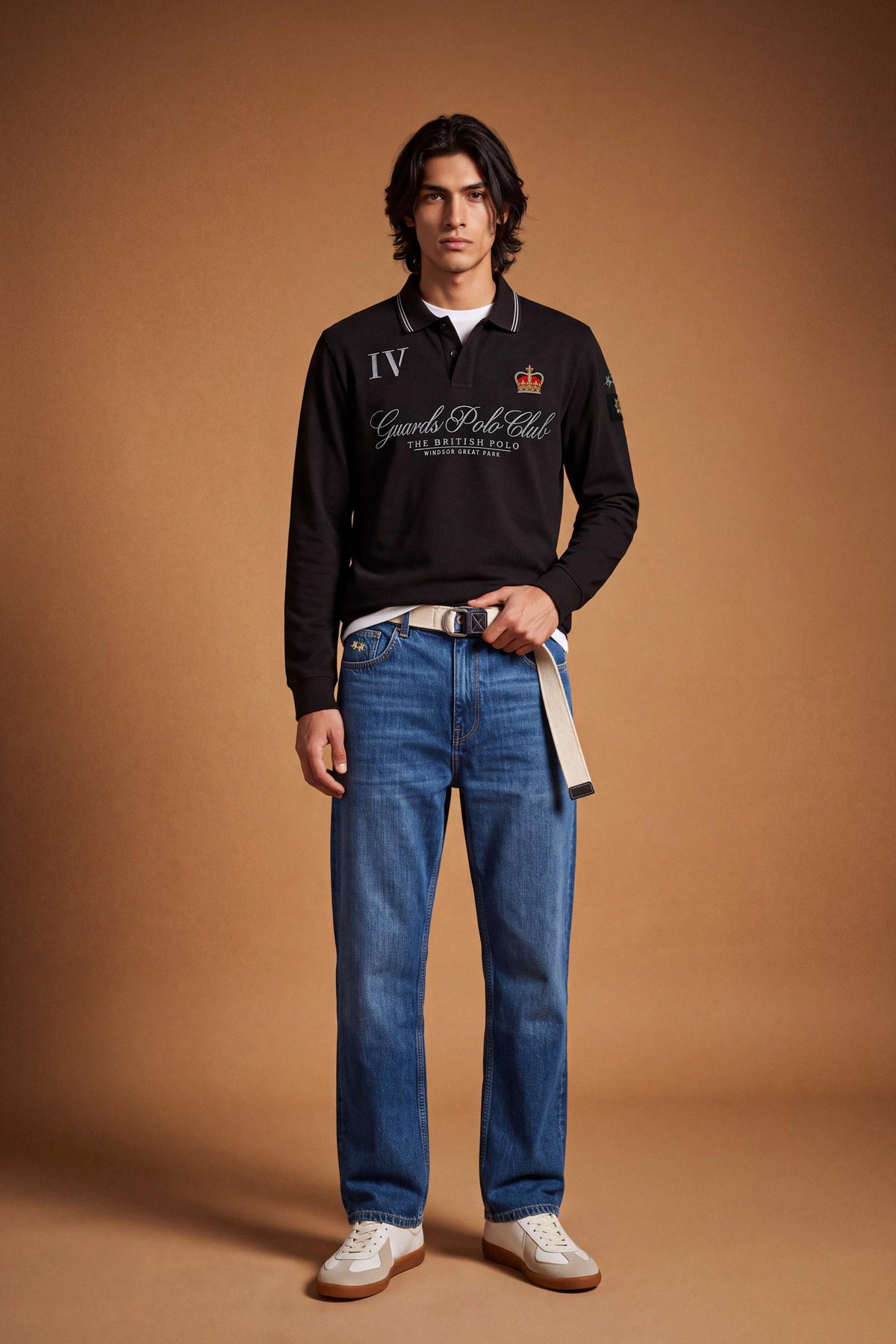 Men's long-sleeve cotton piqué polo with a regular fit, ribbed collar and cuffs, contrasting details, and multicolored embroidered logos for a refined look. - Black