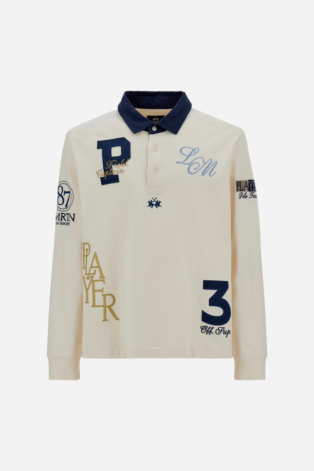 Men's long-sleeve polo in heavy 100% cotton jersey with contrasting collar, ribbed cuffs, embroidered details, and a relaxed contemporary fit for modern comfort. - Pristine