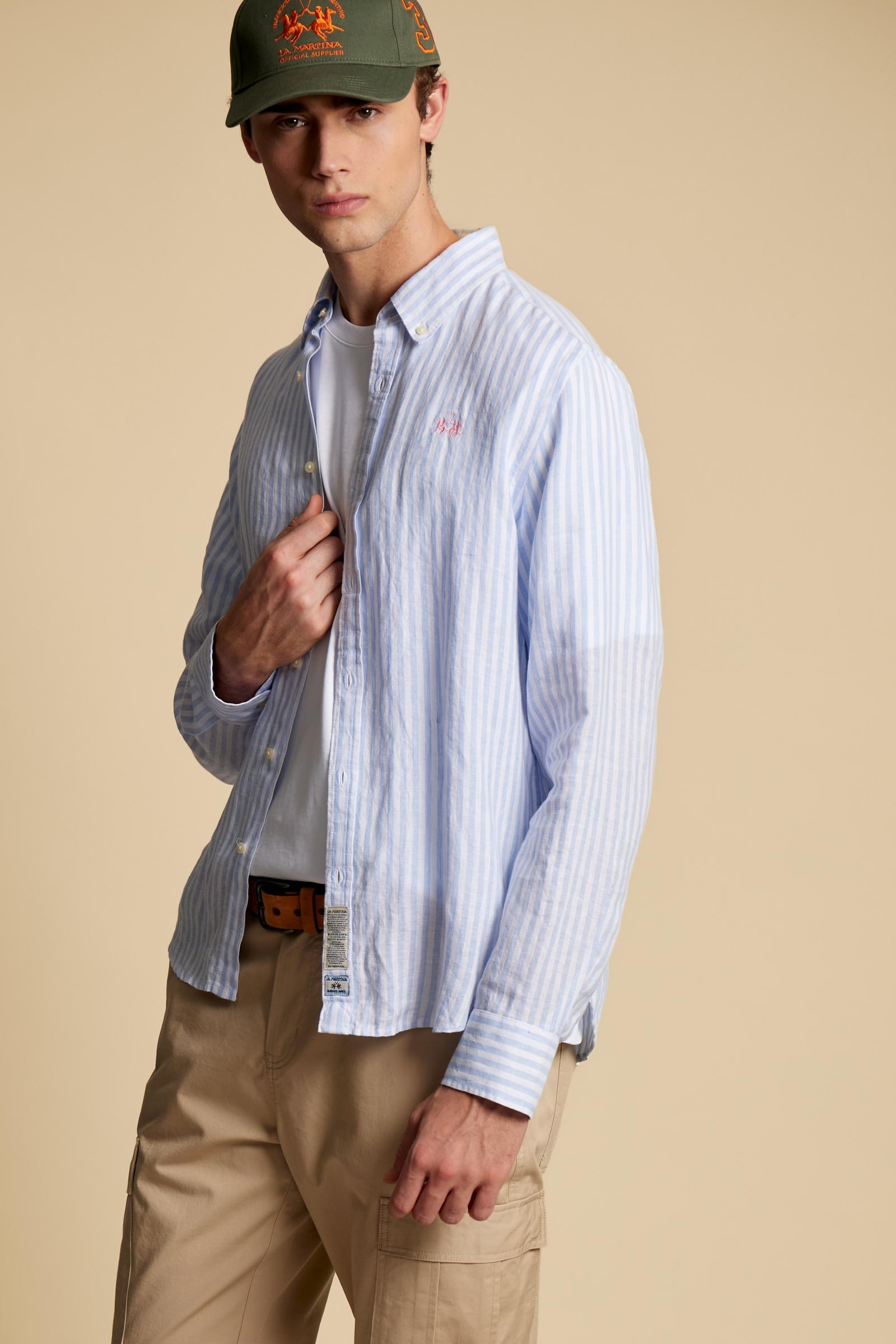 Men’s striped linen long-sleeve shirt with button-down collar. Regular fit and contrast embroidered logo on the chest. - Skyway/Optic White                                                                                                                                                                                                                                                                                                                                                                                     