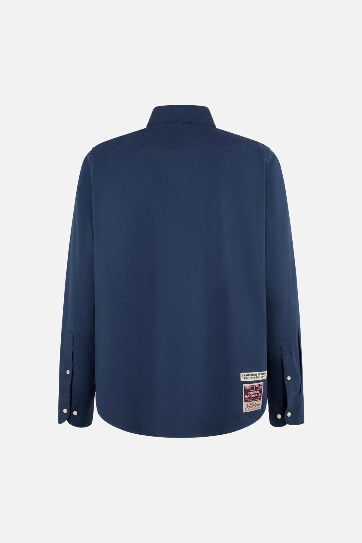 Men’s long-sleeve 100% cotton Oxford shirt with a soft texture, regular tailored fit, button-down collar, mother-of-pearl buttons, and detailed embroidered patches. - Navy