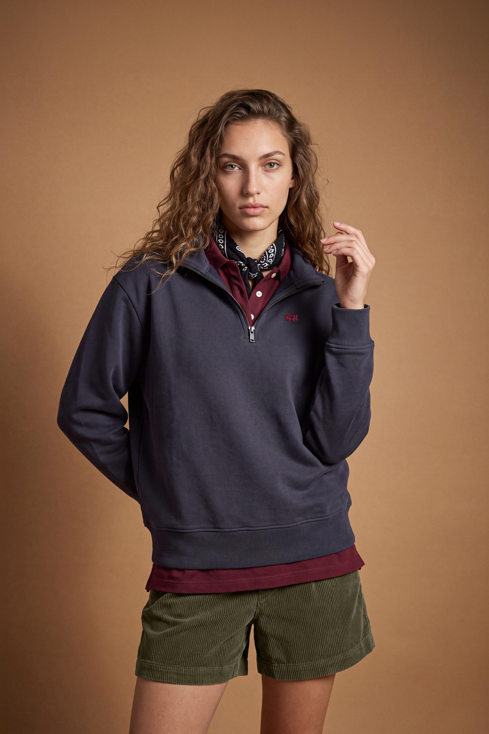Soft, brushed cotton fleece sweatshirt with a high collar and half zipper, ribbed cuffs and hem, regular fit, and subtle embroidered logo for everyday comfort. - Navy Blazer