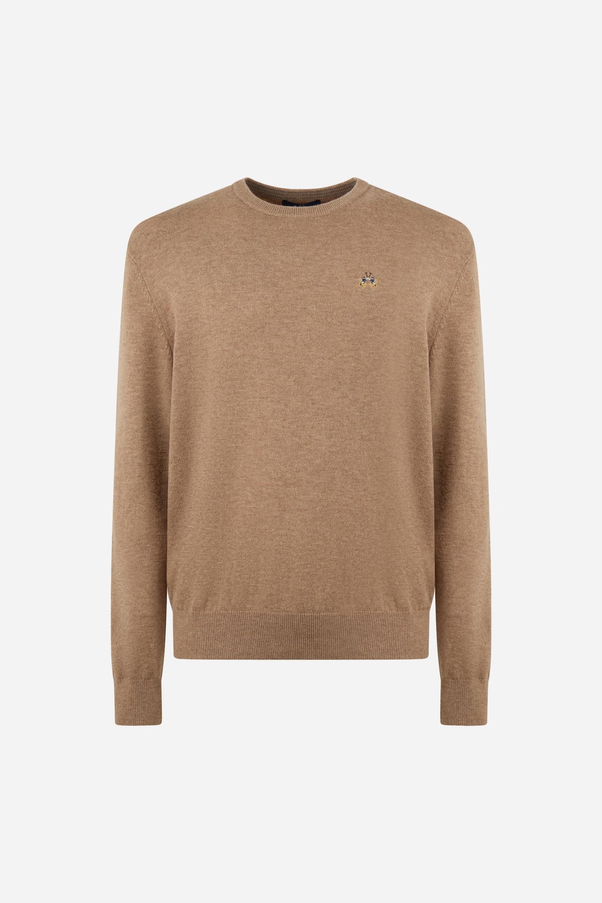 Men’s long-sleeve sweater in a soft 50% lambswool blend with ribbed collar, cuffs, and hem. Features a two-tone striped collar interior and a subtle embroidered logo. - Cornstalk