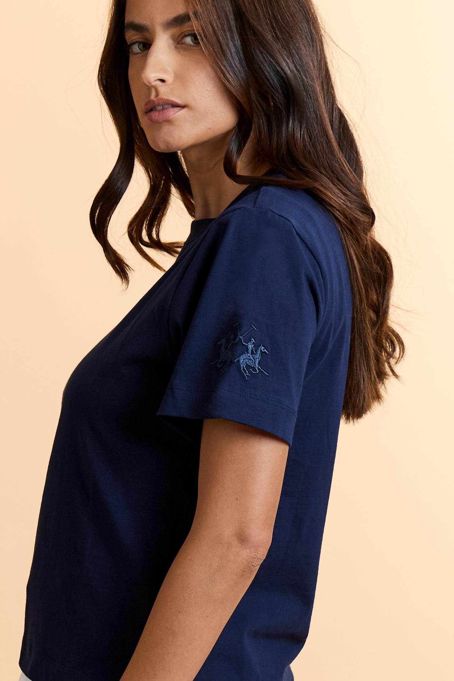 Women’s cotton jersey crew-neck T-shirt with maxi sleeve logo - Corina