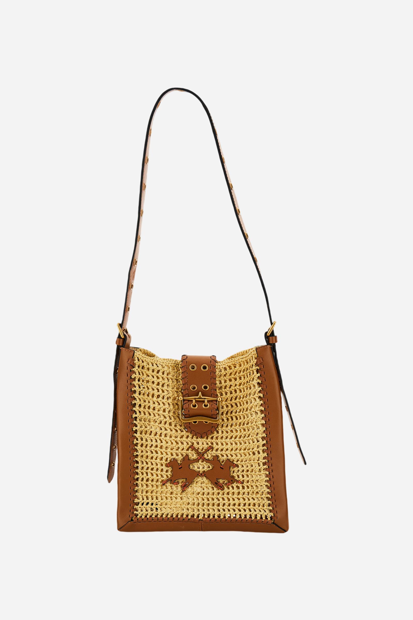 Women's leather and raffia crossbody bag with maxi logo - Fuego Crossbody