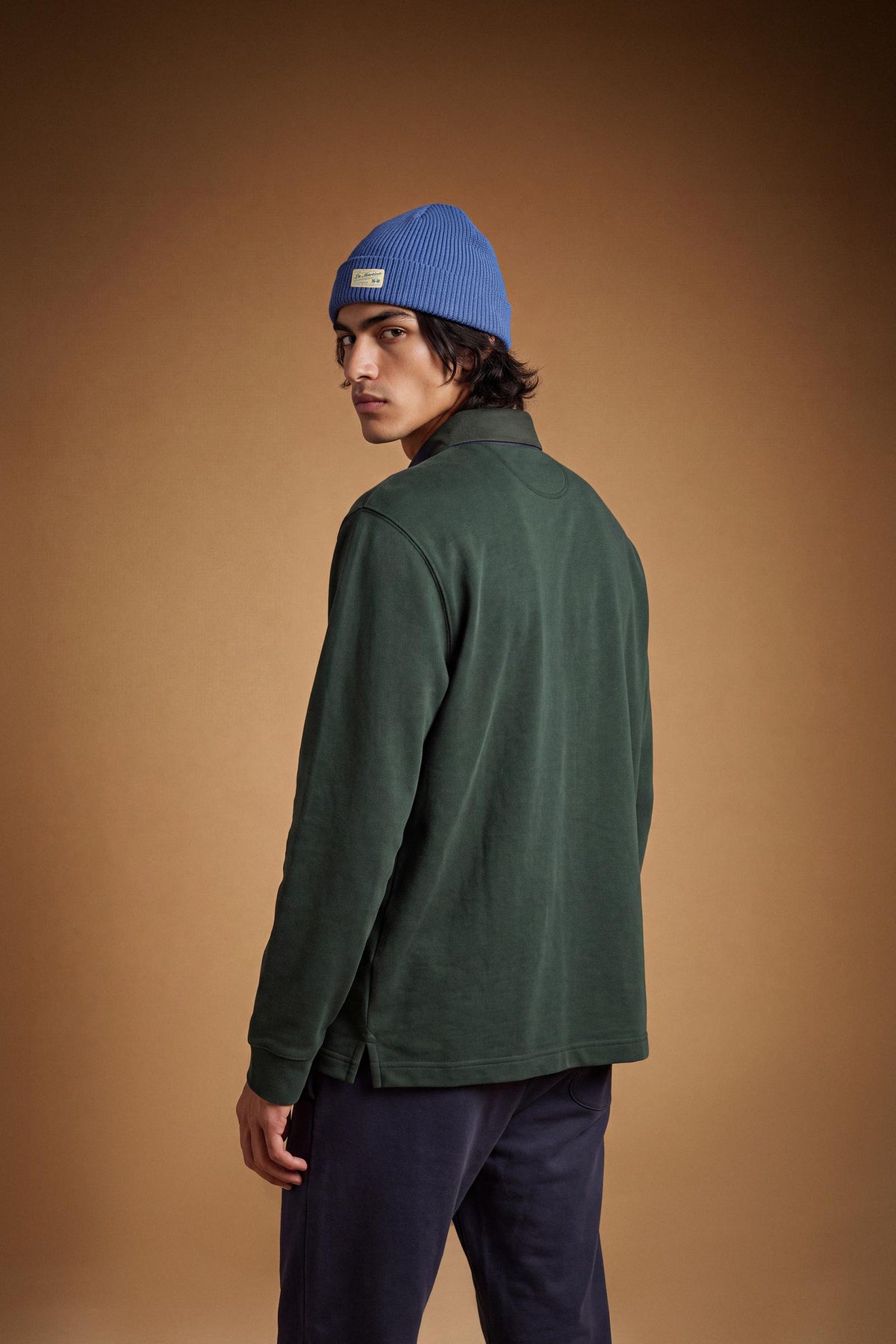 Men's long-sleeve polo in soft cotton jersey with contrasting gabardine collar, ribbed details, multicolor striped placket, and embroidered team logo for comfor - Sycamore