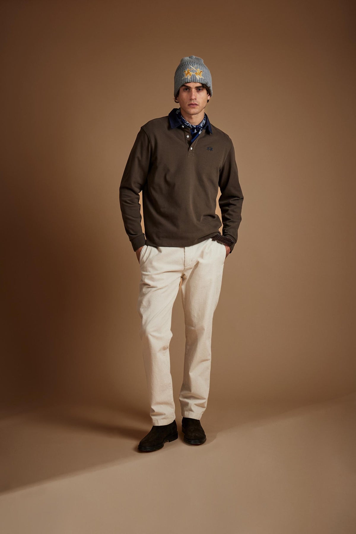 Polo uomo manica lunga in jersey cotone pesante collo a contrasto - Duke