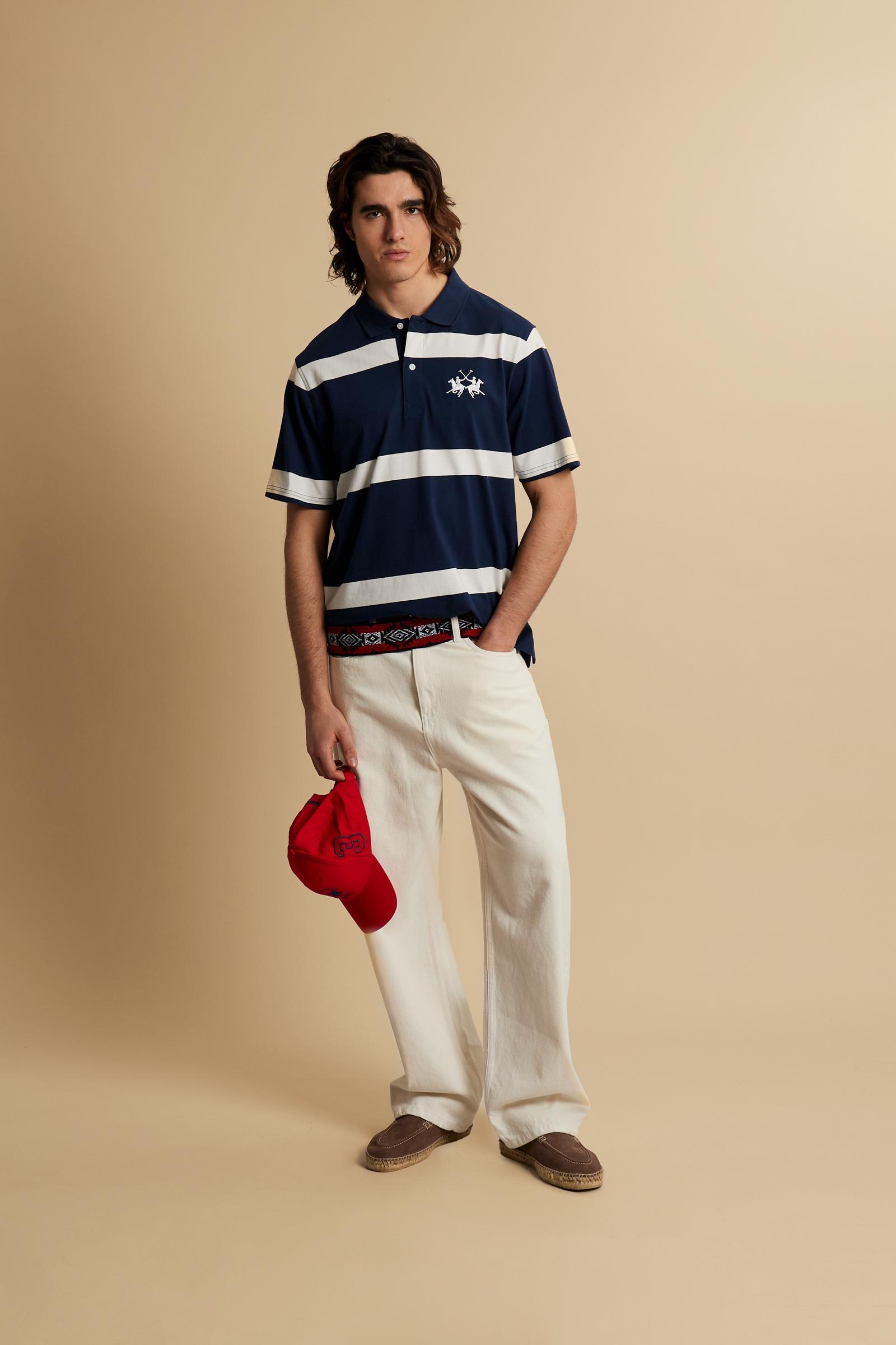 Men’s short-sleeved heavy cotton jersey polo shirt with maxi stripes - Claud