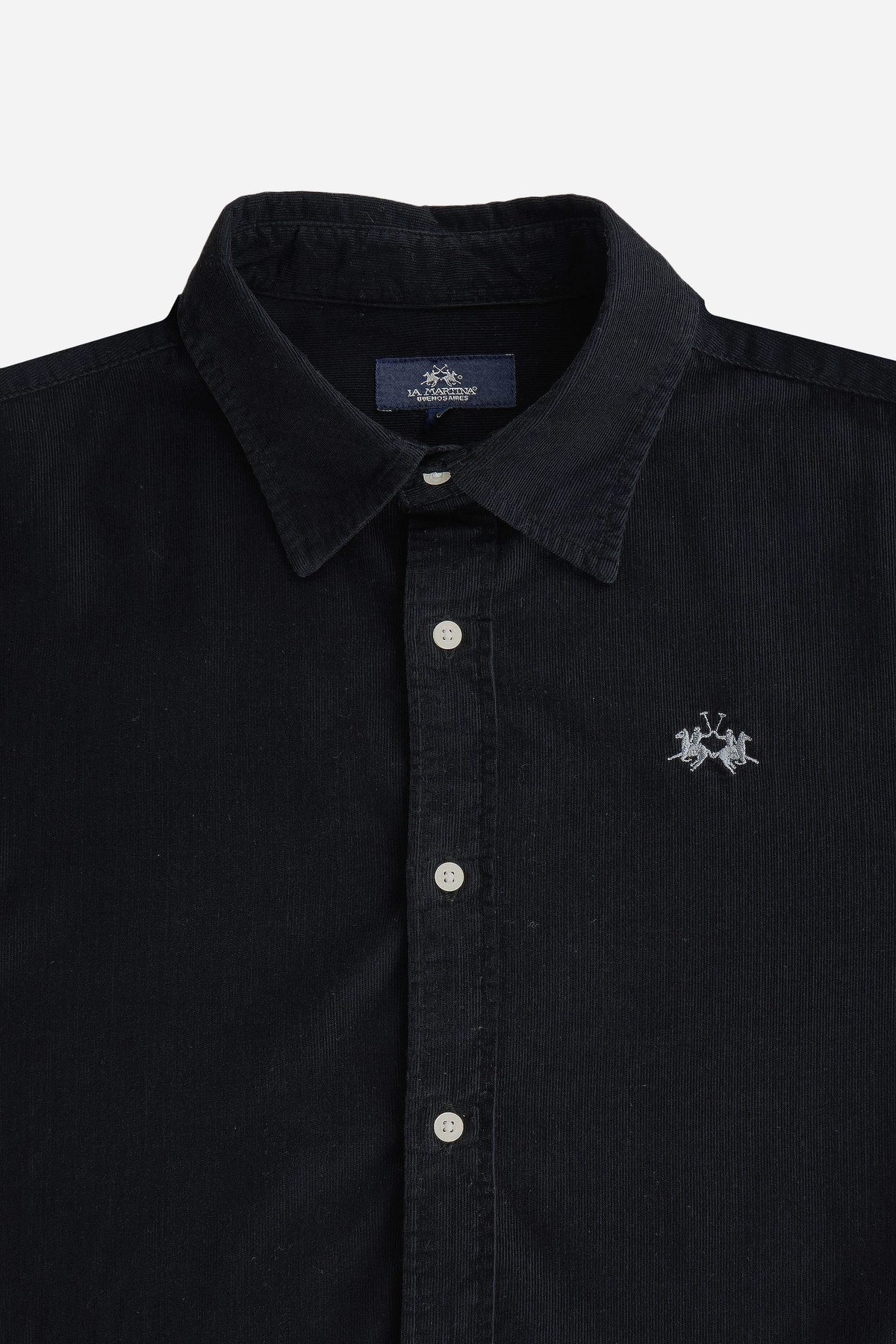 Men’s long-sleeve shirt in soft 100% cotton velvet with regular fit, front button closure, embroidered logo, and a comfortable regular collar for all-day wear. - Black