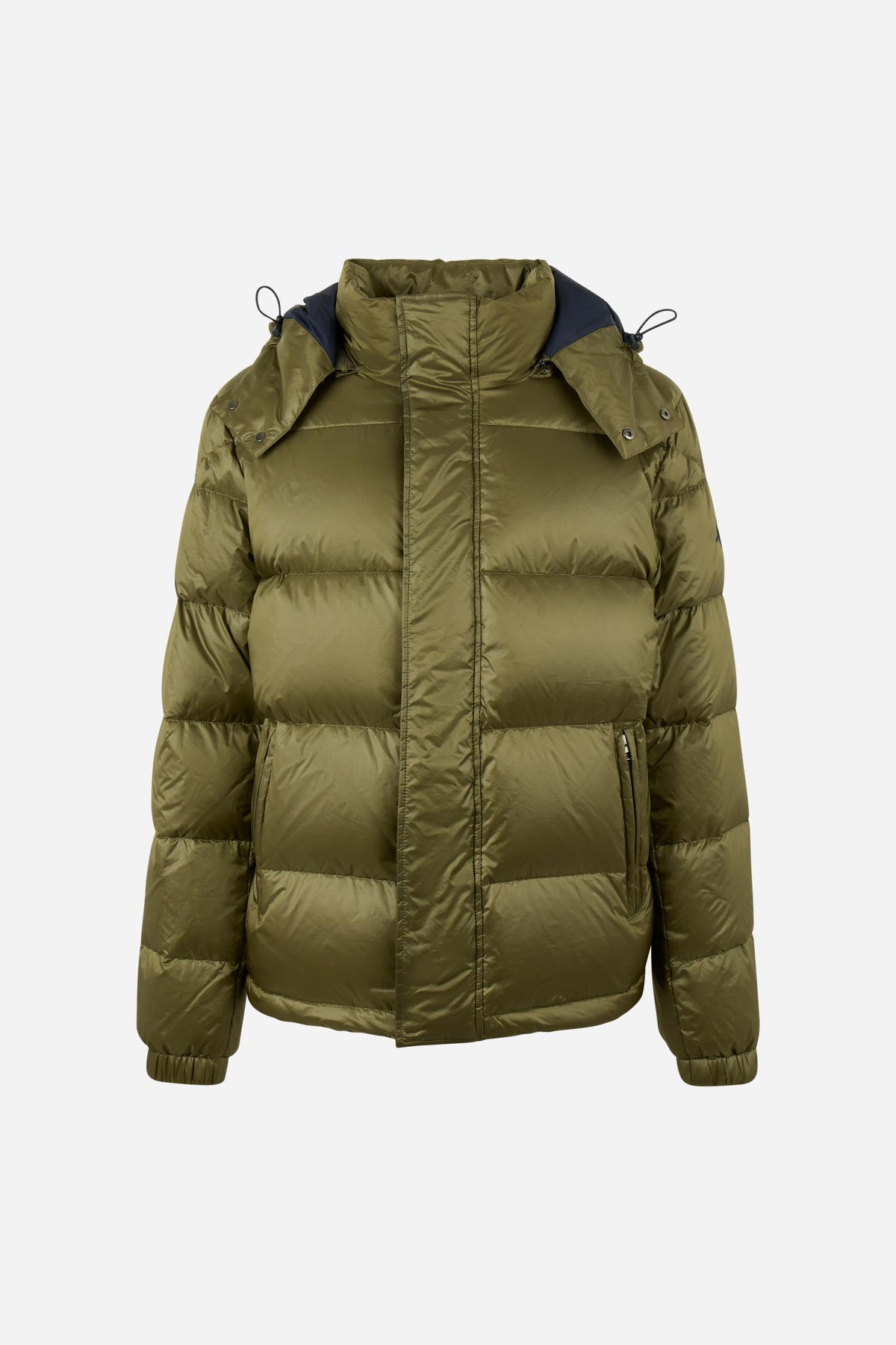 Men's padded feather bomber jacket with detachable hood, iridescent nylon, double zipper, snap buttons, adjustable drawstring, zippered pockets, and embroidered logo. - Burnt Olive