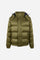 Men's padded feather bomber jacket with detachable hood, iridescent nylon, double zipper, snap buttons, adjustable drawstring, zippered pockets, and embroidered logo. - Burnt Olive