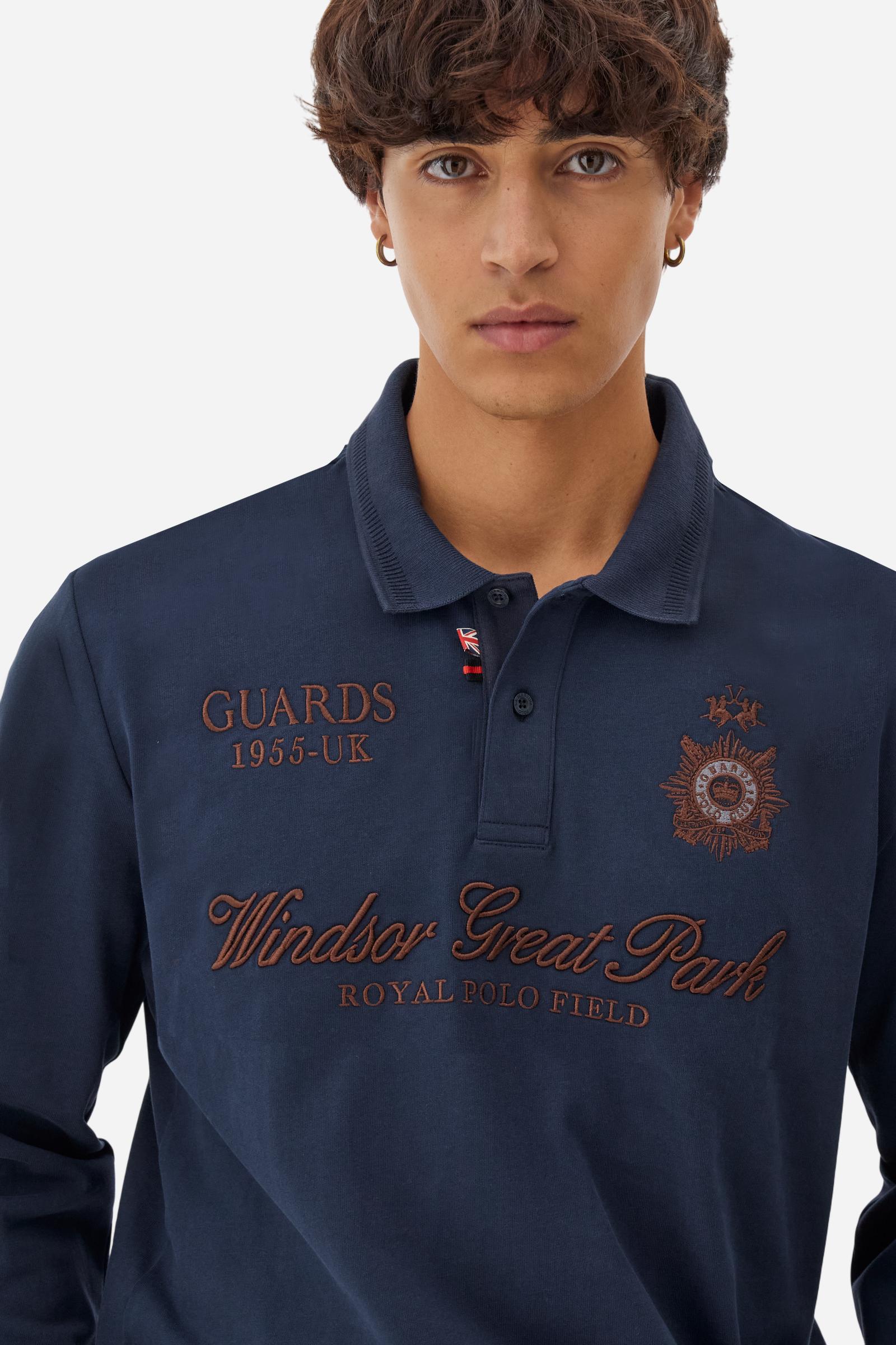 Men’s long-sleeve polo in warm cotton jersey, with contrast collar and Guards graphics. - Navy