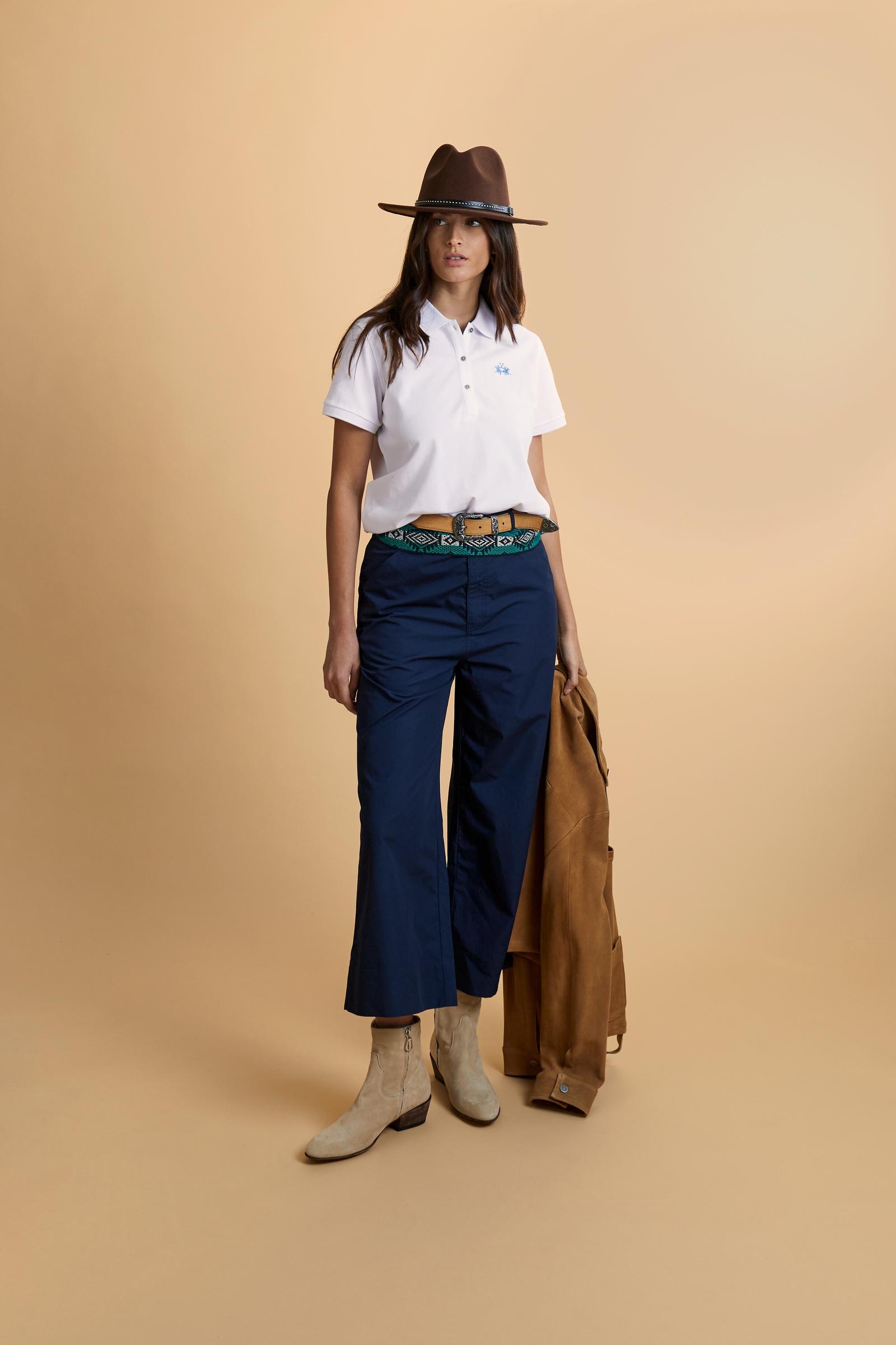 Women’s stretch piqué polo with under-collar lettering - Clarissa