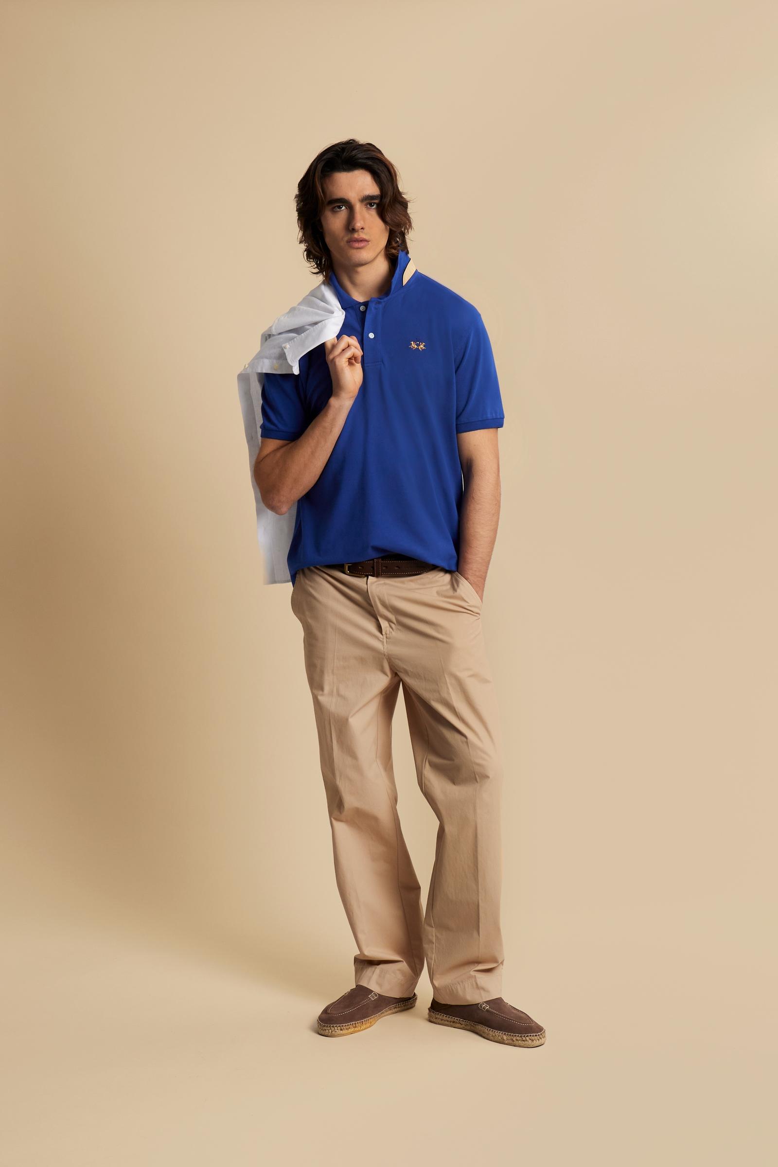 Men’s short-sleeve stretch piqué polo with regular fit. Contrast gabardine under-collar and iconic tricolor logo. - Mazarine Blue                                                                                                                                                                                                                                                                                                                                                                                               