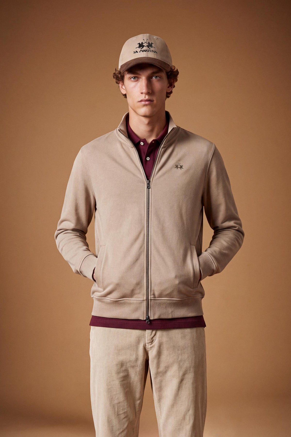Men's 100% cotton fleece sweatshirt with a high collar, customized zipper, ribbed cuffs and hem, regular fit, and a subtle embroidered logo for comfort and style. - Vintage Khaki