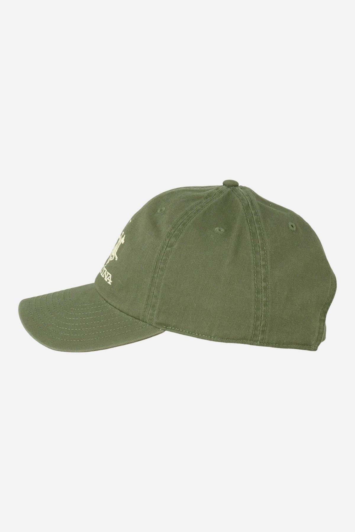Men's cotton twill baseball cap with vintage pigment wash, oversized embroidered logo, curved visor, eyelets, and adjustable metal buckle for a custom fit. - Mulled Basil