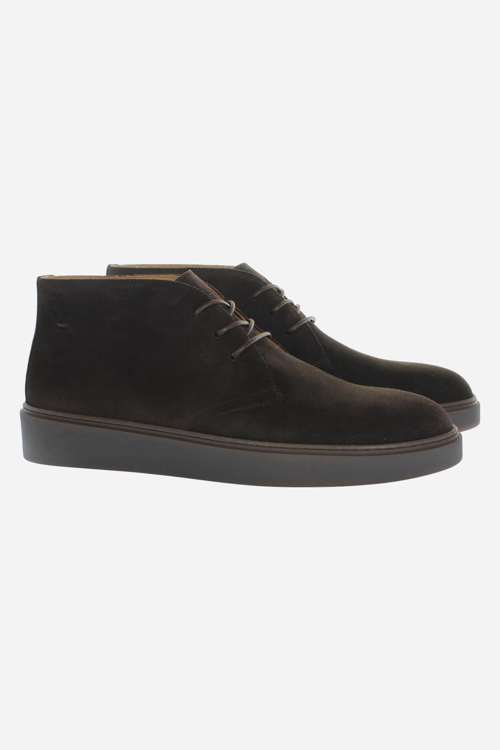 Men’s high-top suede shoes with visible stitching, embossed logo, and brown rubber sole for comfort and style. Crafted in Italy for casual and semi-formal wear. - Dark Brown