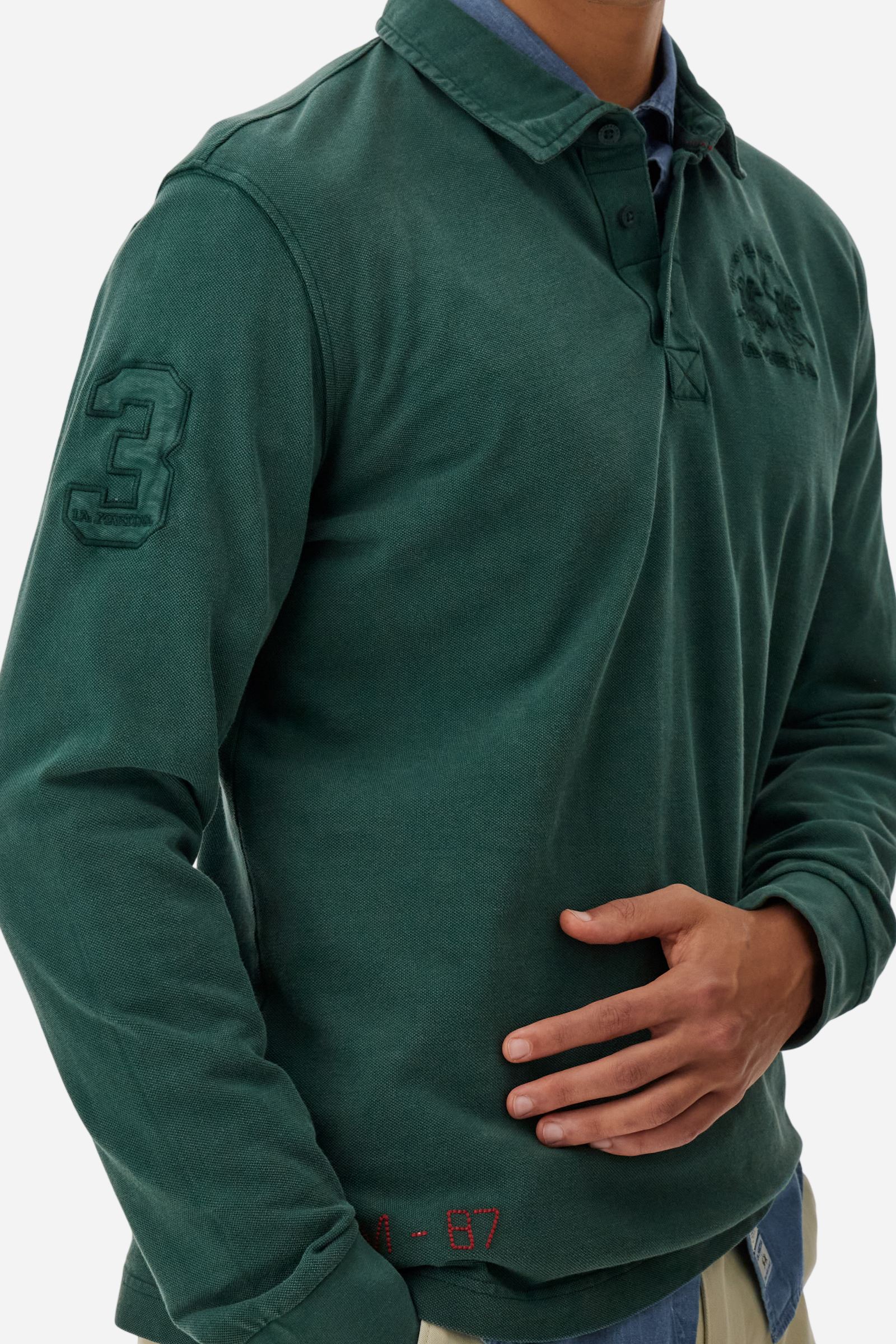 Men’s polo shirt in cotton piqué. Long sleeves, garment-dyed with pigments, tone-on-tone patches and embroidery. Regular fit. - Sycamore