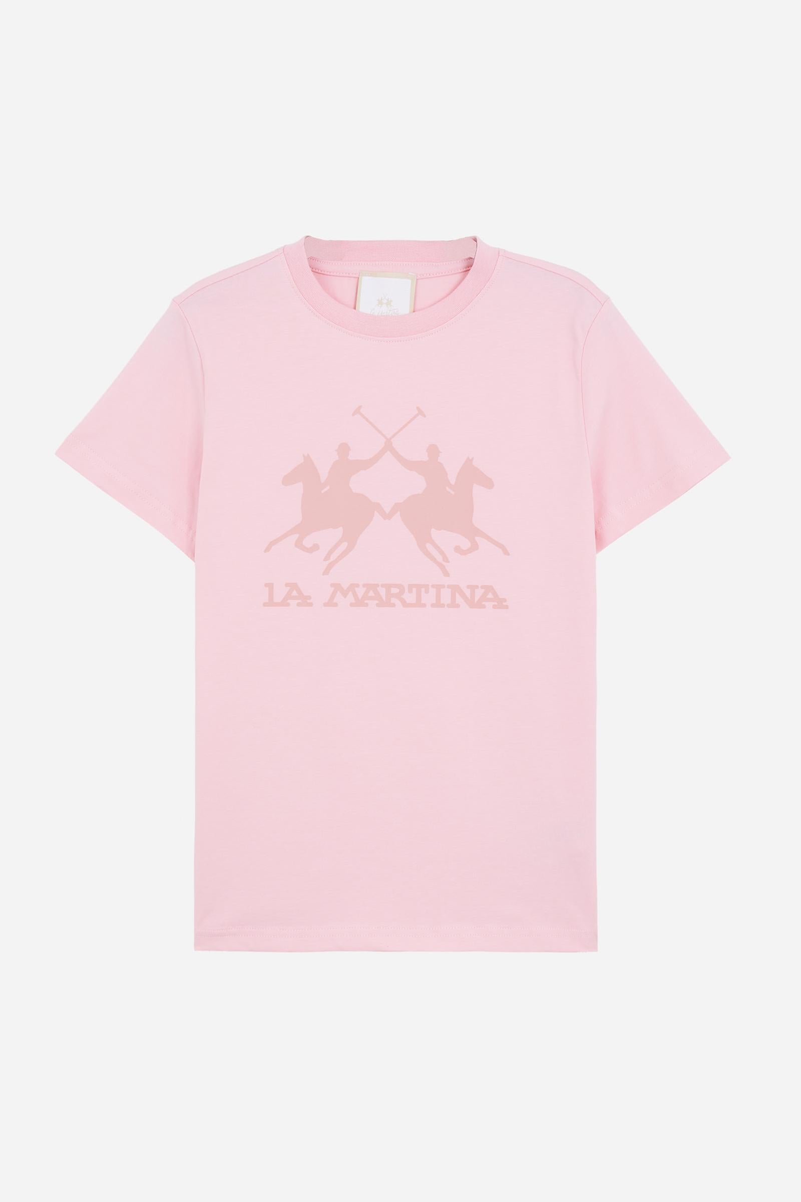 Short-sleeved T-shirt for girls made from soft 100% cotton jersey in a solid colour. The style features a regular fit and tonal ribbed crew neck. The maxi front print, featuring the iconic crossed polo players logo and La Martina lettering, enhances the garment with a sporty and recognisable style. - FairTale
