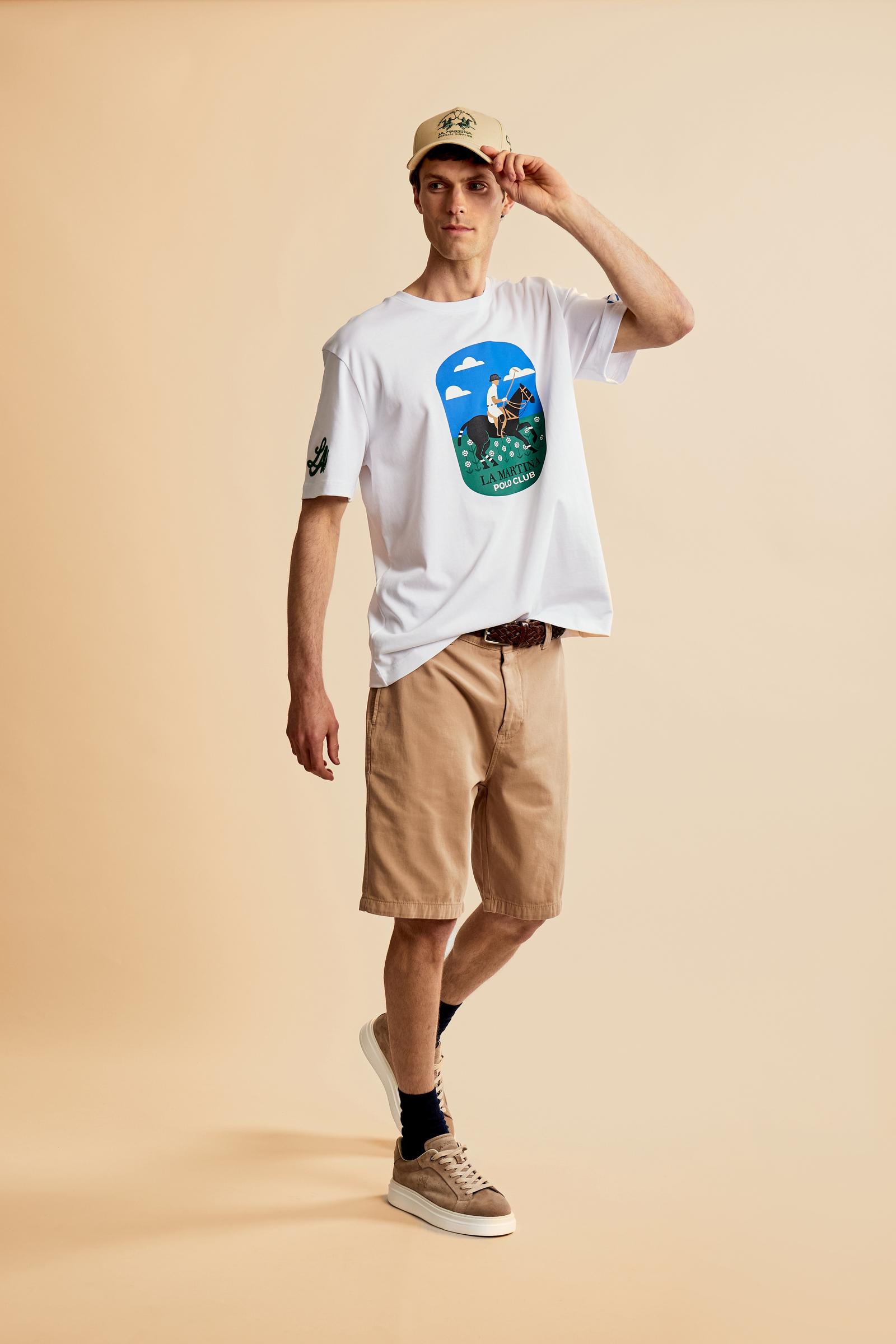 Men’s cotton jersey T-shirt with contemporary fit and Capri Edition printed graphic. Bold logo and contrast monogram. - Optic White