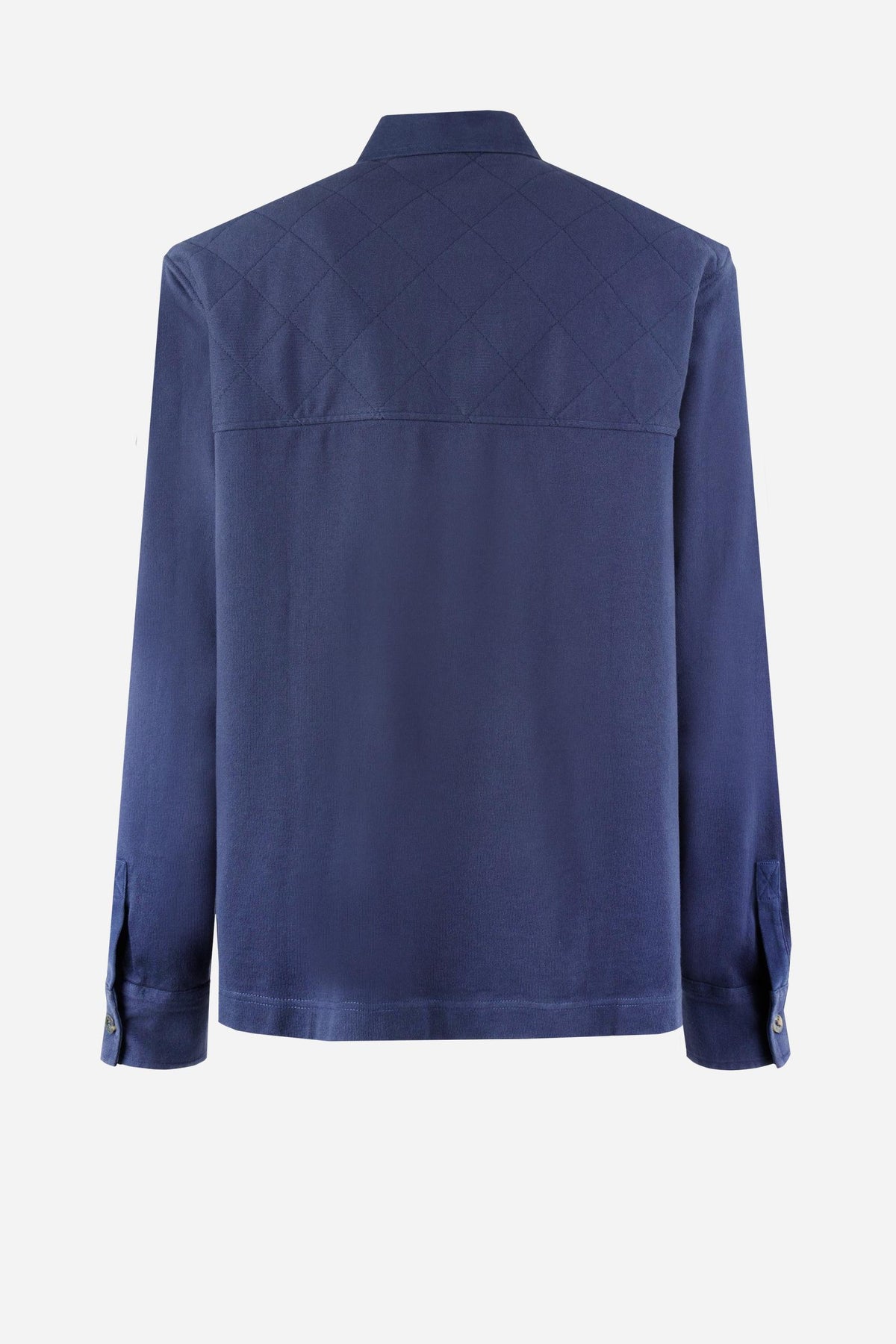 Men's long-sleeve shirt jacket in heavy cotton jersey with diamond quilting, utility flap pockets, embroidered patches, and custom faux horn buttons for a comfortable fit. - Navy Blazer
