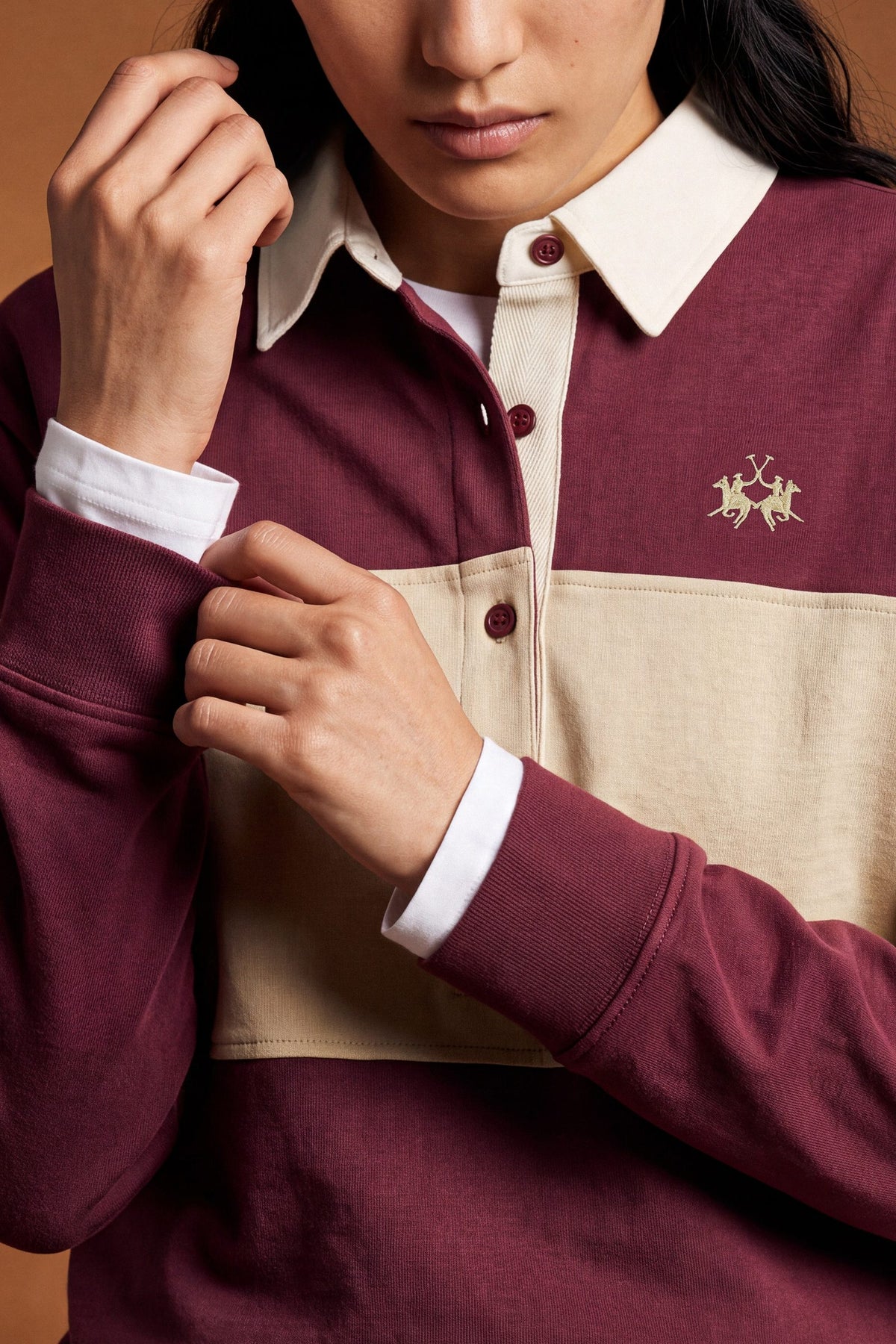 Women's long-sleeve polo in heavy 100% cotton jersey, featuring a contrast gabardine collar, double twill placket, color block stripes, and embroidered logo. - Port Royale/Pristine