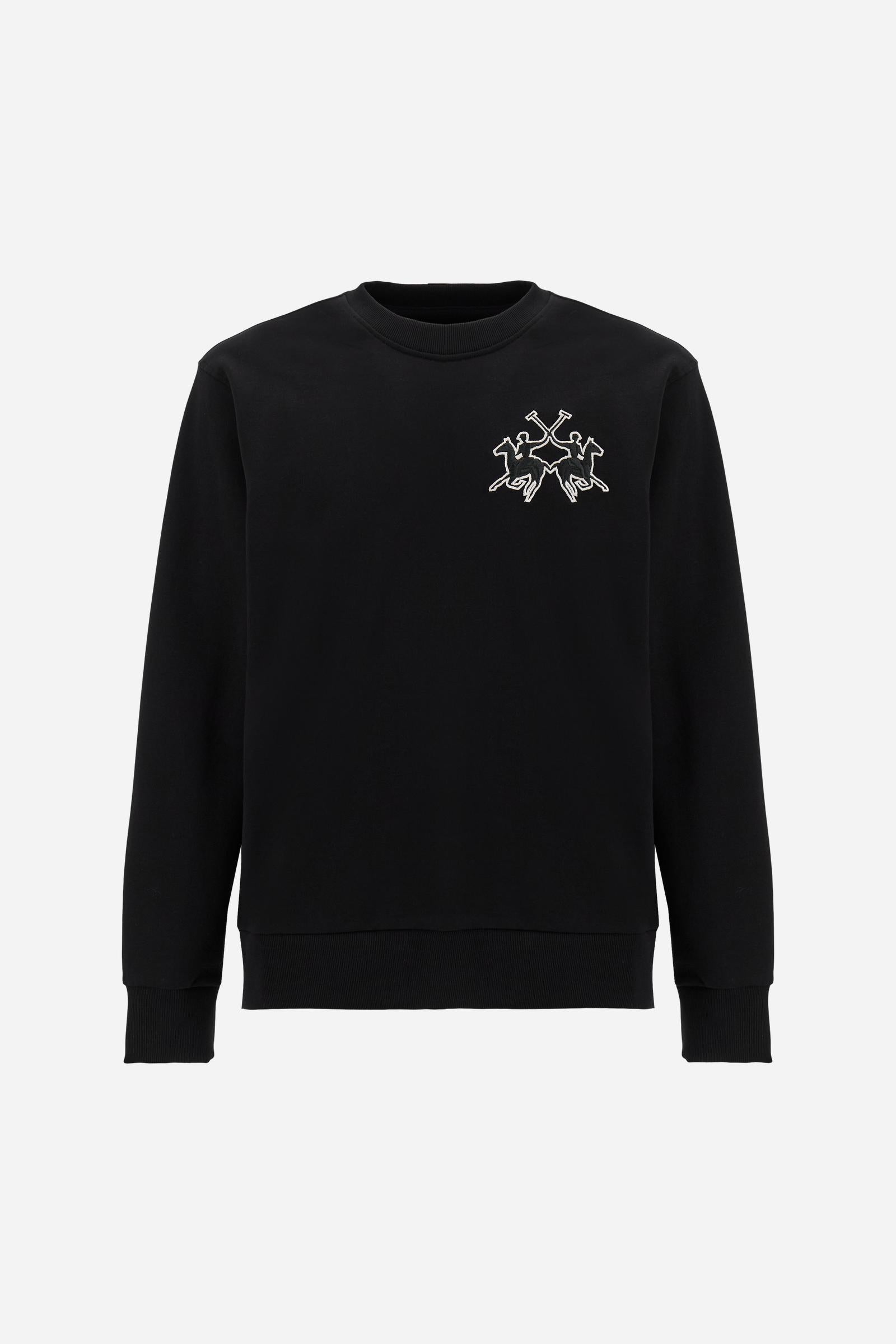 Men's crew-neck sweatshirt with long sleeves made from 100% cotton diagonal fleece. The model features ribbed collar, cuffs and hem in matching tone. The regular fit is enhanced by a modern cut with slightly structured shoulders. The design is distinguished by the exclusive maxi 3D embroidered brand logo in contrasting color on the chest. The model is wearing size L. - Black                                                                                                                                       