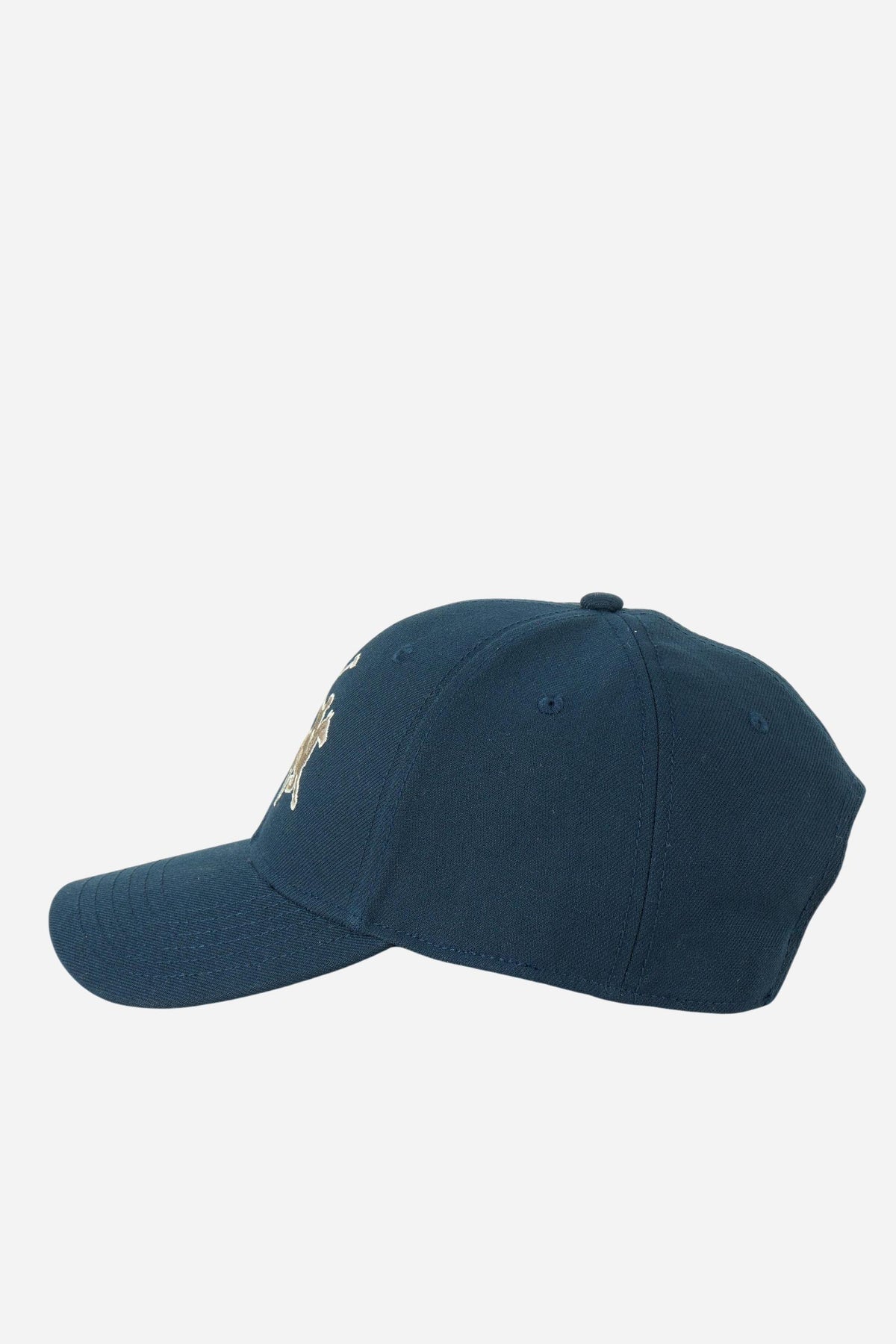 Durable men's baseball cap in structured heavy cotton twill with 3D logo, curved visor, ventilation eyelets, and adjustable snapback for a snug, custom fit. - Navy