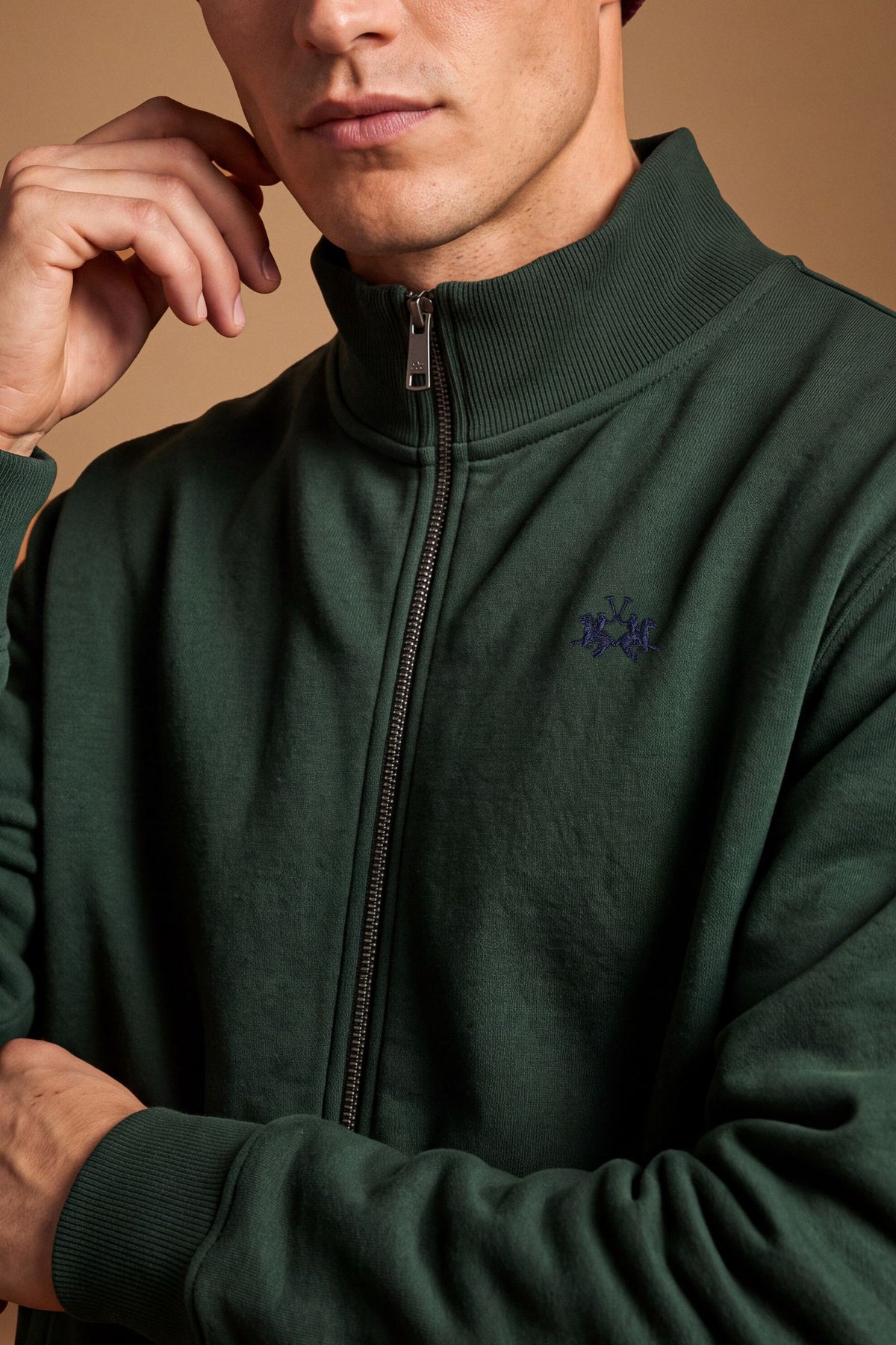 Men's 100% cotton fleece sweatshirt with a high collar, customized zipper, ribbed cuffs and hem, regular fit, and a subtle embroidered logo for comfort and style. - Sycamore