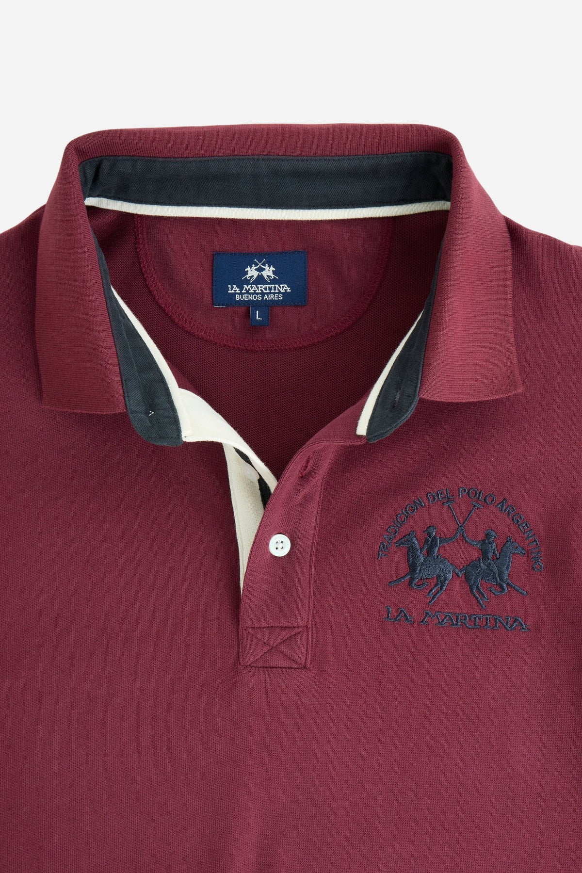 Men's long-sleeve polo in soft cotton jersey with contrasting gabardine collar, ribbed details, multicolor striped placket, and embroidered team logo for comfor - Port Royale