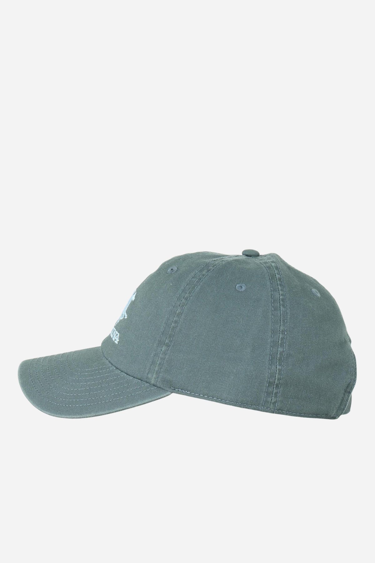 Men's cotton twill baseball cap with vintage pigment wash, oversized embroidered logo, curved visor, eyelets, and adjustable metal buckle for a custom fit. - Flint Stone