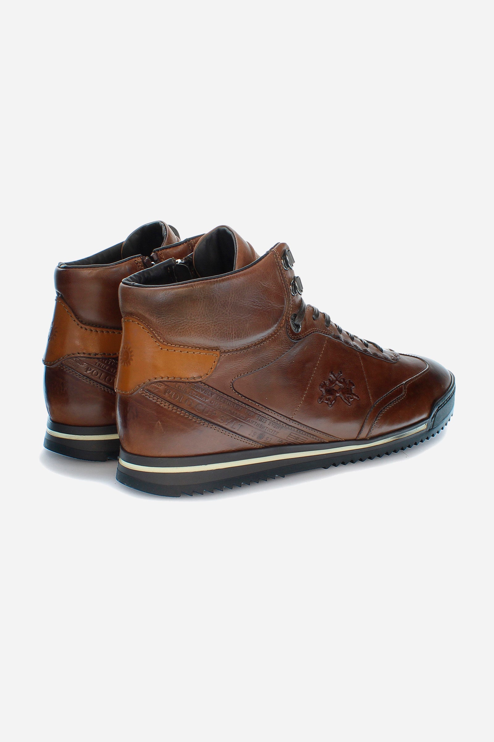 High-top men's trainer in calfskin with contrasting leather inserts