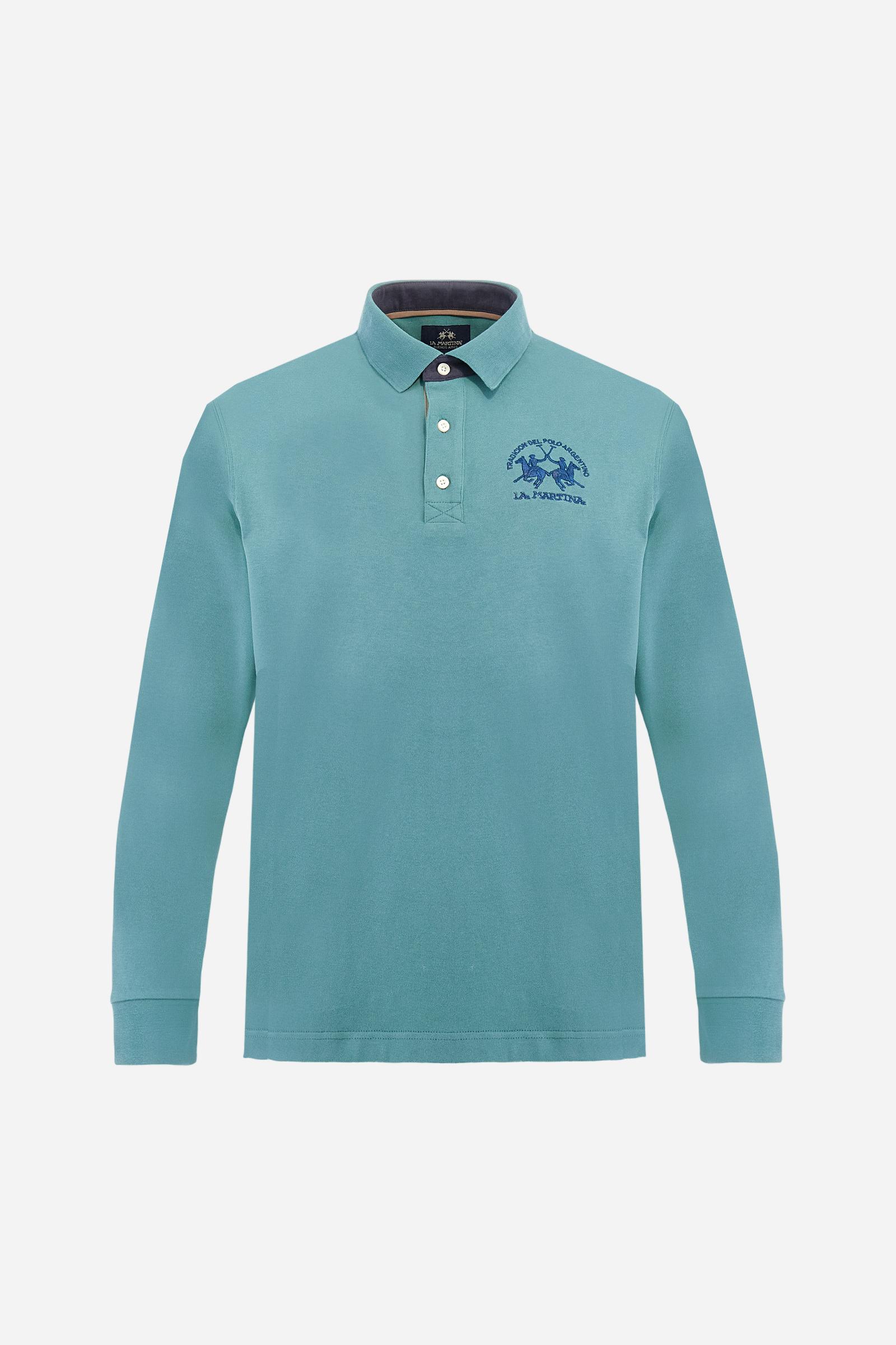 Men’s long-sleeve polo in premium soft-touch cotton jersey for a luxurious feel on the skin. Contrast gabardine details on the collar. Upper collar in tone-on-tone ribbing with printed La Martina lettering undercollar. Three customized buttons, enhanced by a multicolor striped tape on the placket. Contrast embroidered team logo on the chest. Regular fit. Model wears size L. - Sagebrush Green