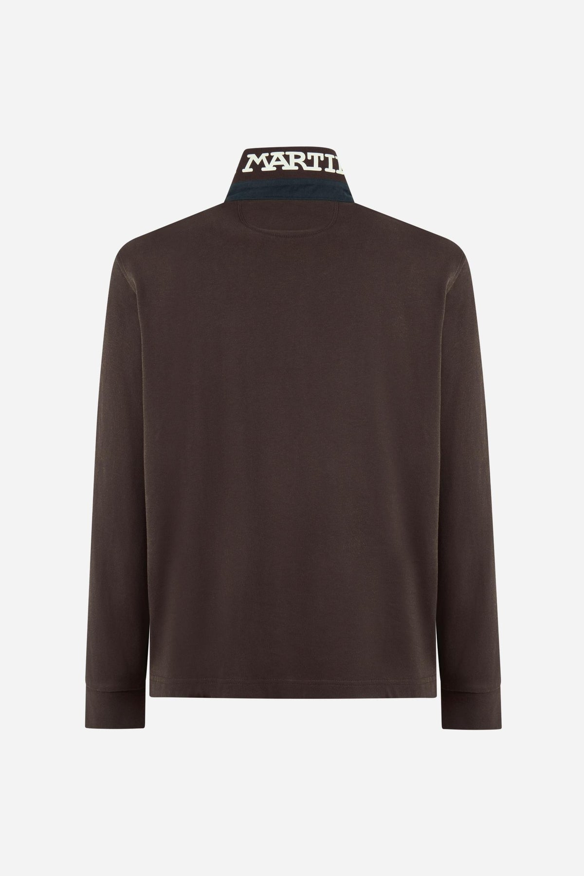 Men's long-sleeve polo in soft cotton jersey with contrasting gabardine collar, ribbed details, multicolor striped placket, and embroidered team logo for comfor - Hot Fudge