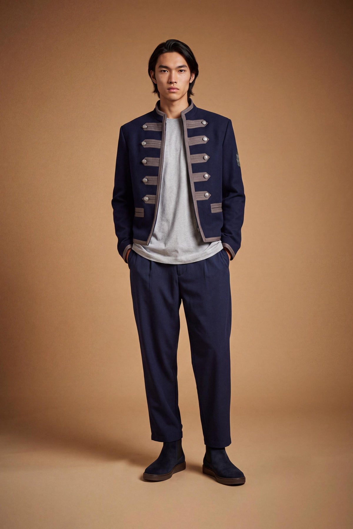 Men's long-sleeve wool blend jacket with structured fit, contrasting lining, braided trims, frog closures, metal buttons, and detailed craftsmanship for a refined look. - Navy Blazer