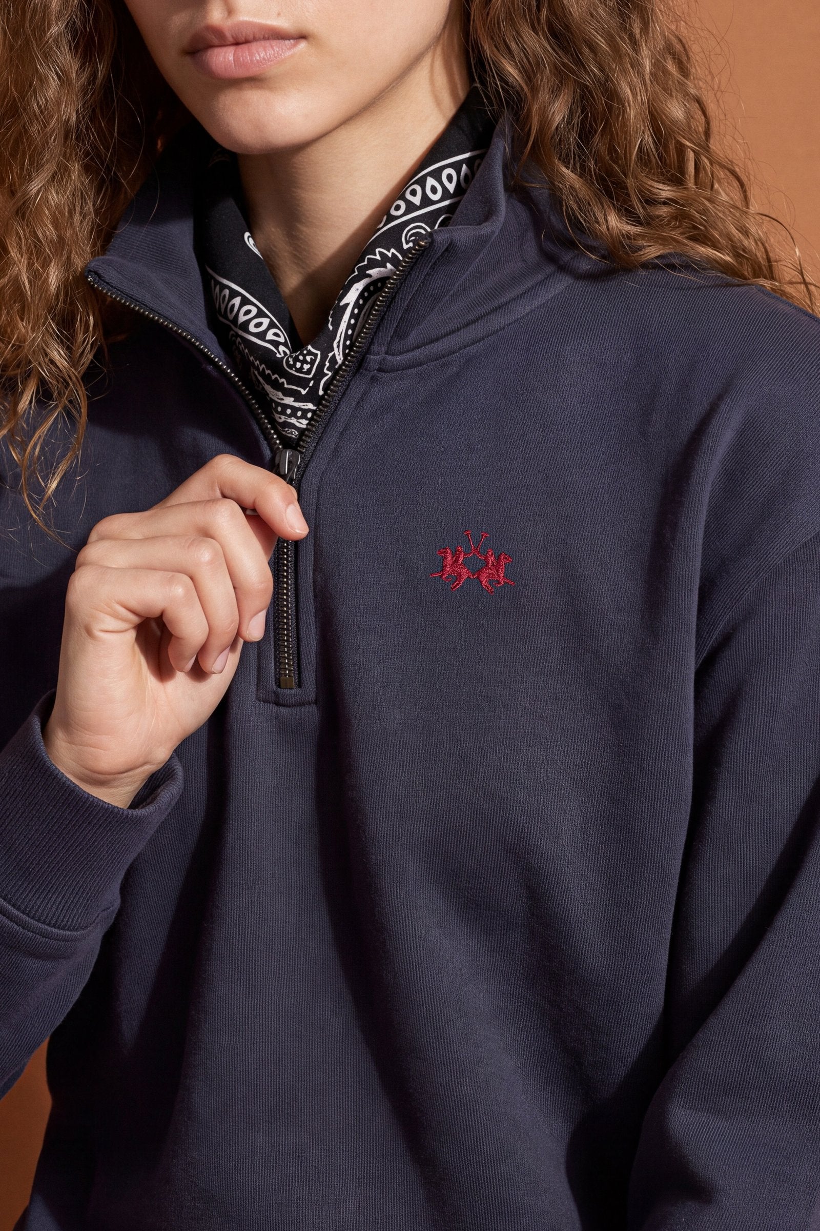 Soft, brushed cotton fleece sweatshirt with a high collar and half zipper, ribbed cuffs and hem, regular fit, and subtle embroidered logo for everyday comfort. - Navy Blazer