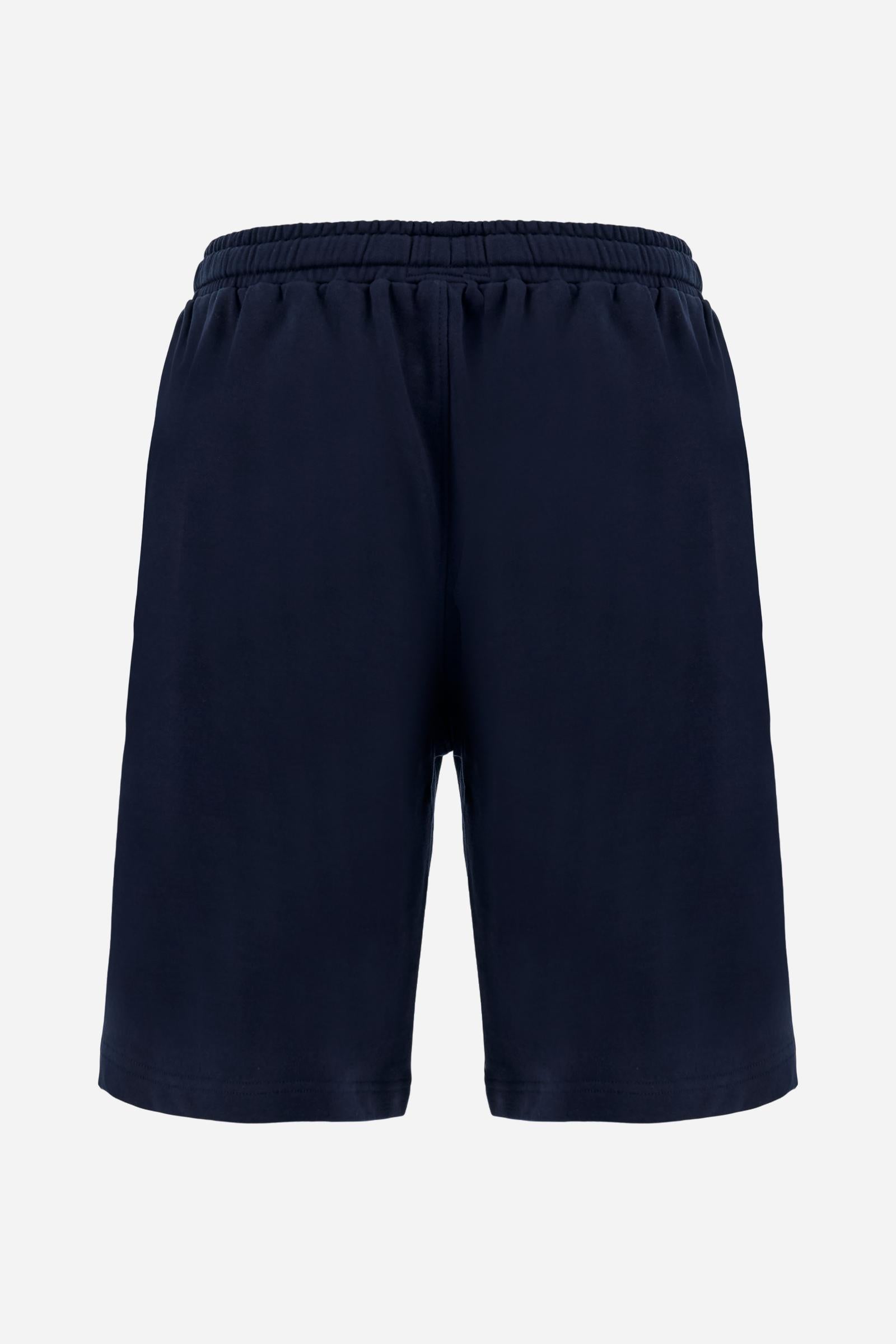 Men's bermuda shorts in soft 100% cotton fleece with a relaxed cut, elastic waistband, adjustable drawstring, and 3D embroidered maxi logo for comfort and style - Navy
