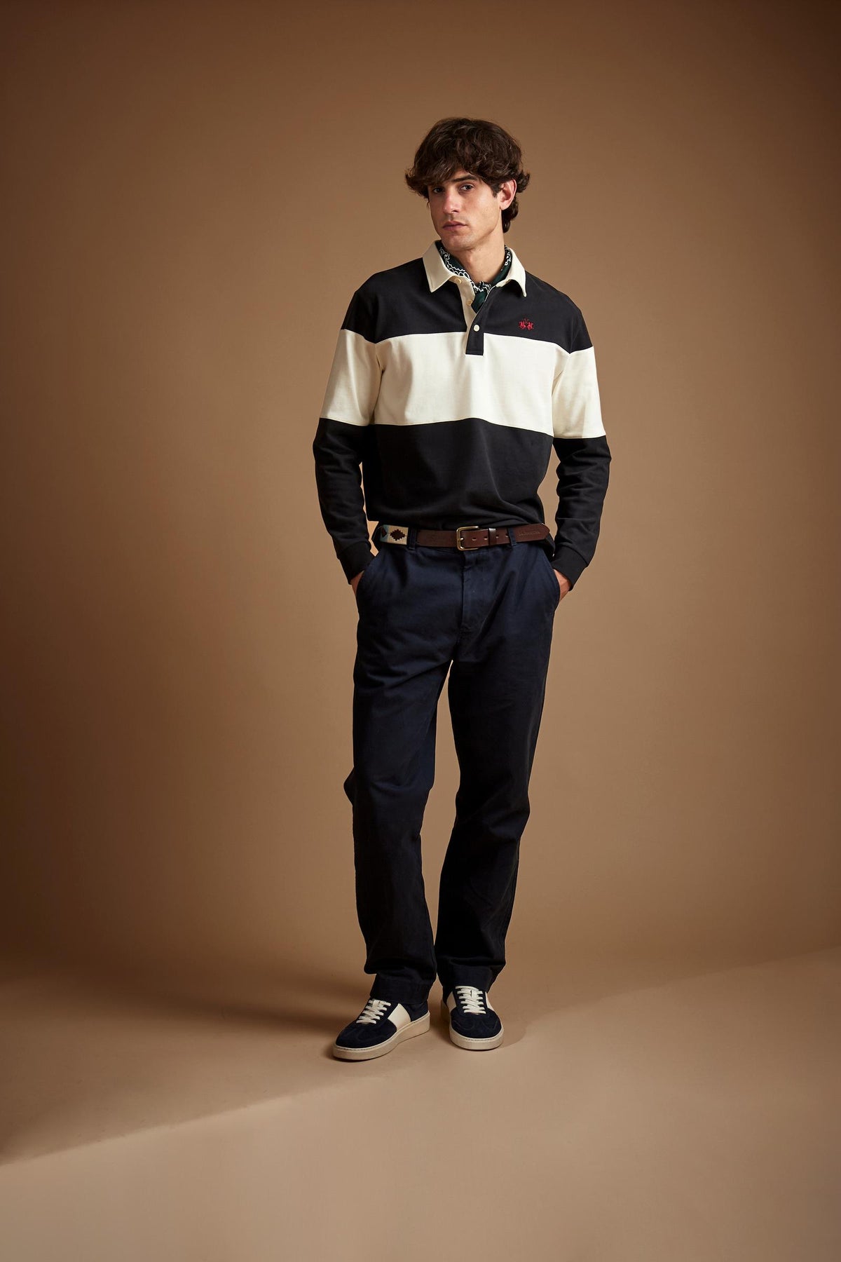 Men's rugby polo, heavy cotton jersey with large stripe - Dion
