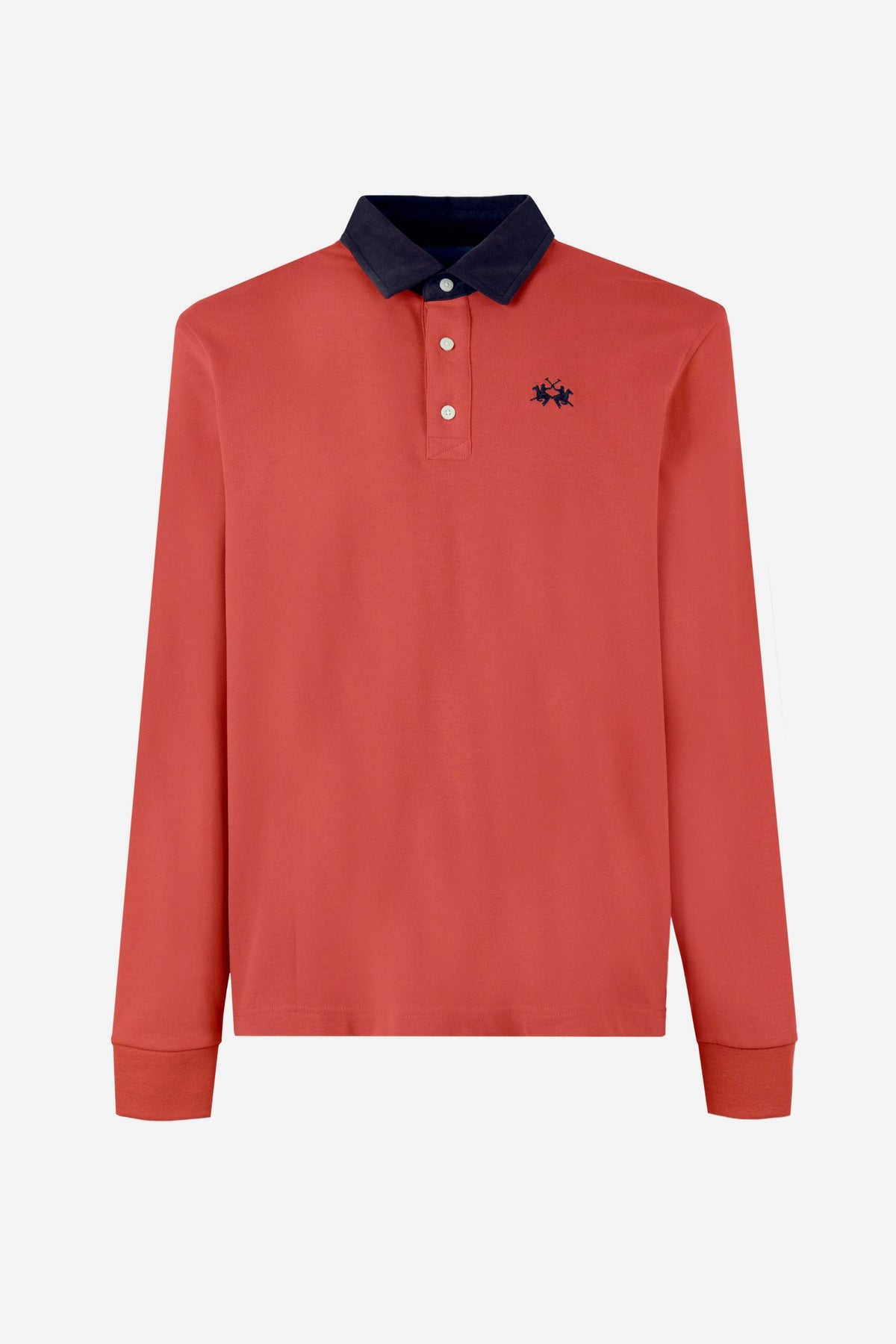Men's long-sleeve polo made from heavy cotton jersey with ribbed cuffs, contrasting gabardine collar, embroidered logo, and a comfortable regular fit. - Garnet Rose