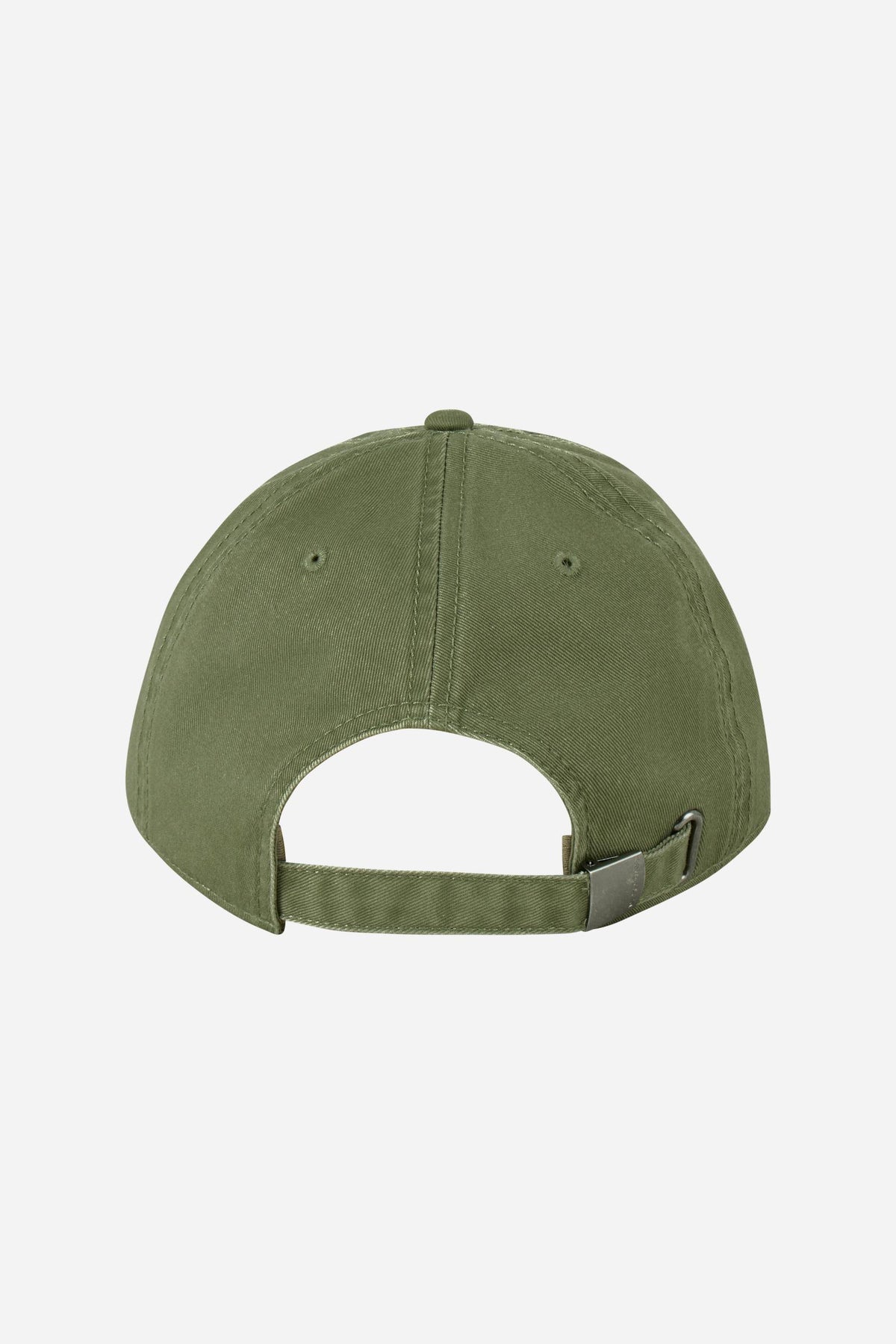 Men's cotton twill baseball cap with vintage pigment wash, oversized embroidered logo, curved visor, eyelets, and adjustable metal buckle for a custom fit. - Mulled Basil