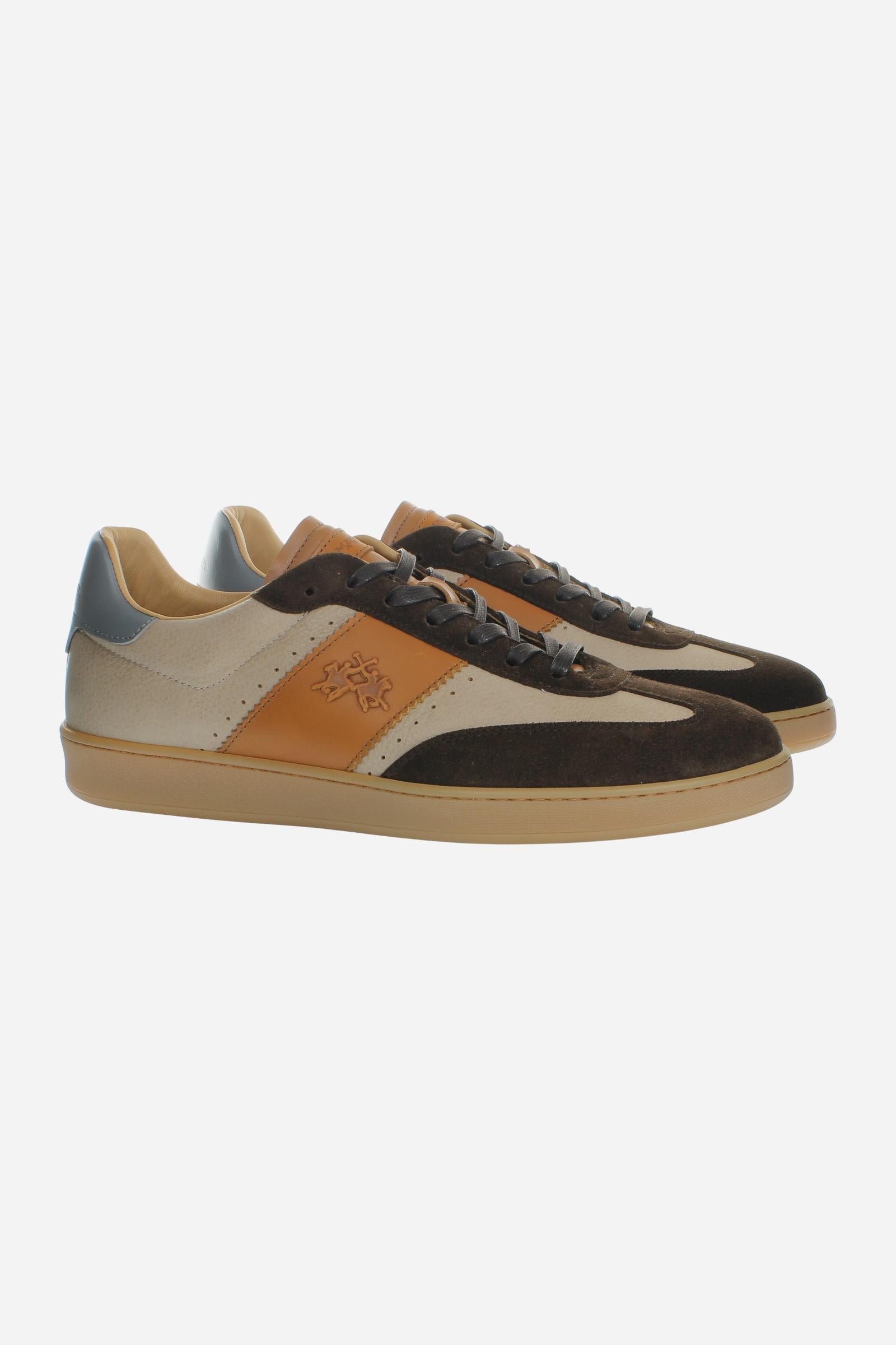 Men's suede and calfskin sneaker with vegetable-tanned leather stripe, handcrafted Cavalli logo, contrasting heel tab, and flat honey rubber sole. Made in Italy. - Summer Sand/Falcon