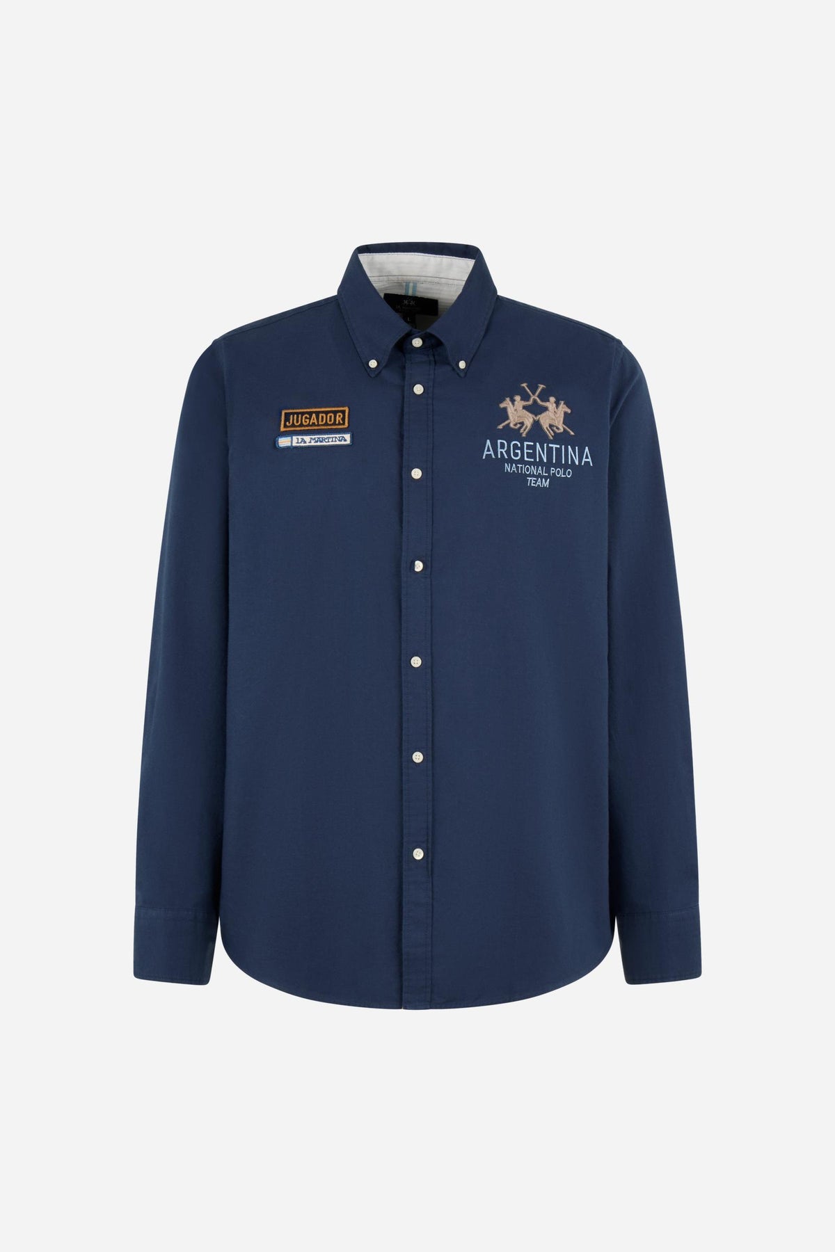 Men’s long-sleeve 100% cotton Oxford shirt with a soft texture, regular tailored fit, button-down collar, mother-of-pearl buttons, and detailed embroidered patches. - Navy