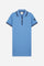 Short-sleeved polo dress for girls made from pure cotton piqué in a solid colour. The style features a comfortable fit, fluid silhouette and above-the-knee length. The two-tone ribbed collar, buttoned front opening and striped trims add a sporty and refined touch. The logo on the sleeve and the lettering under the collar complete the design. - Riviera