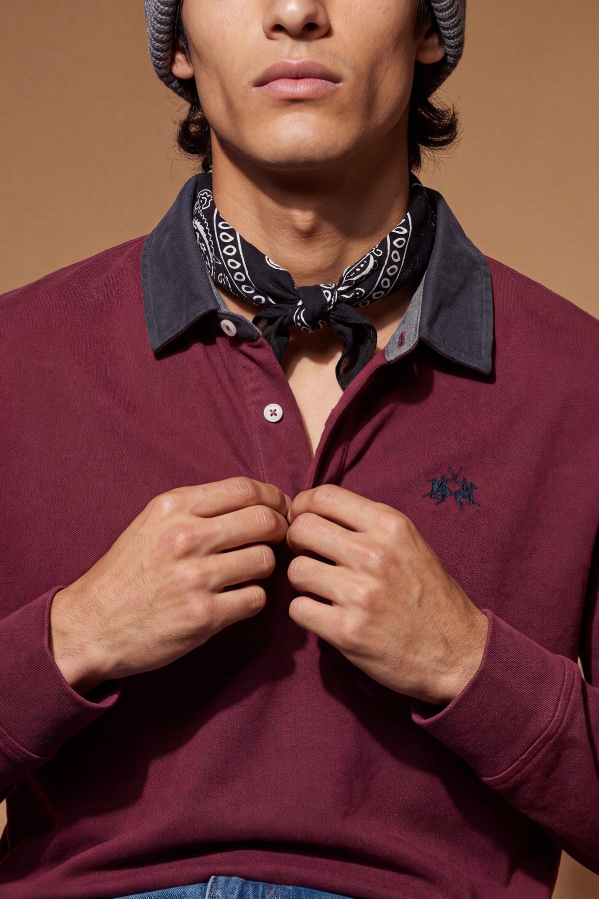 Men's long-sleeve polo made from heavy cotton jersey with ribbed cuffs, contrasting gabardine collar, embroidered logo, and a comfortable regular fit. - Port Royale